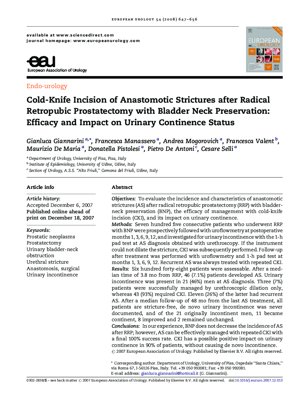 Cold-Knife Incision of Anastomotic Strictures after Radical Retropubic Prostatectomy with Bladder Neck Preservation: Efficacy and Impact on Urinary Continence Status