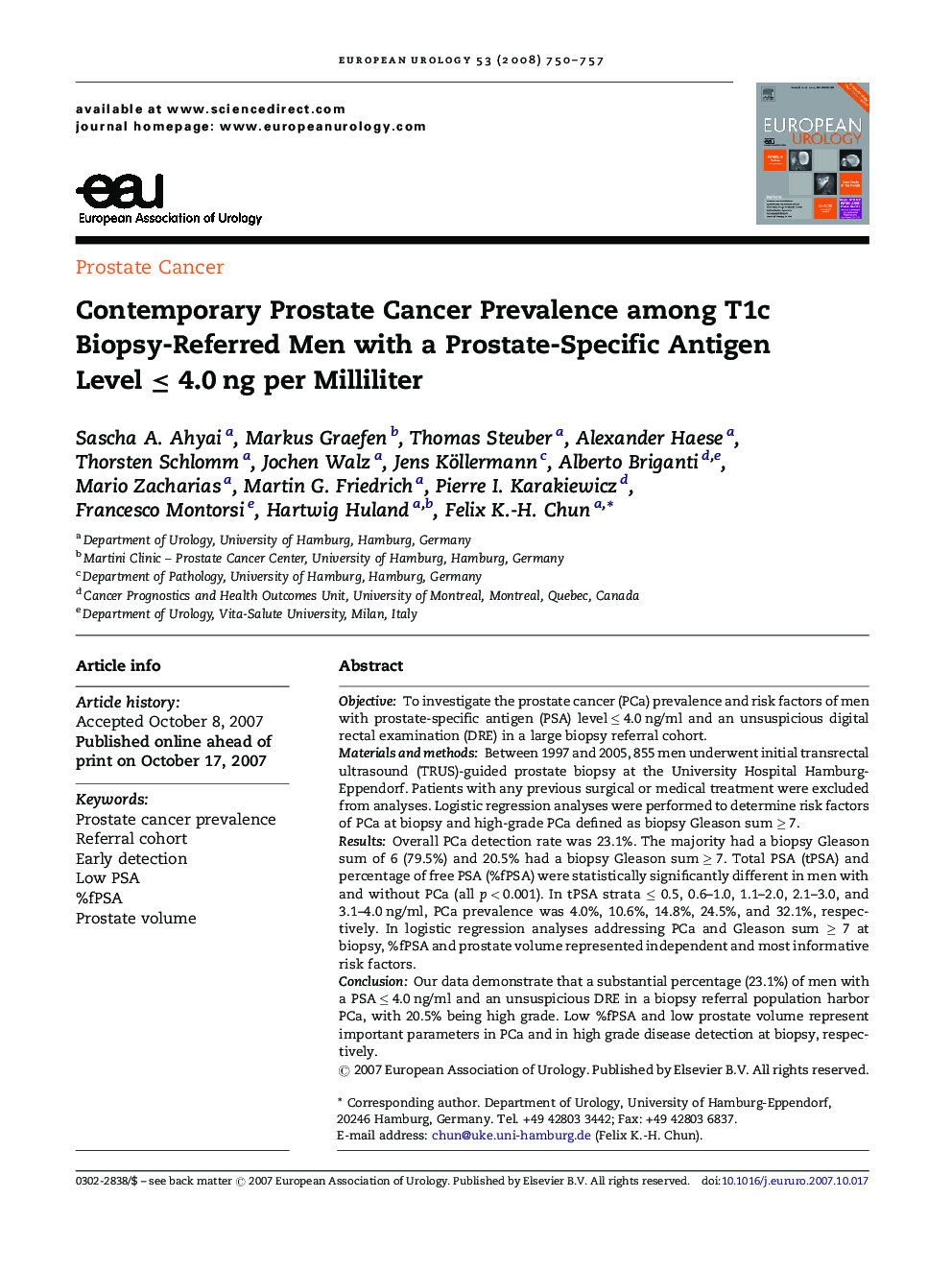 Contemporary Prostate Cancer Prevalence among T1c Biopsy-Referred Men with a Prostate-Specific Antigen Level ≤ 4.0 ng per Milliliter