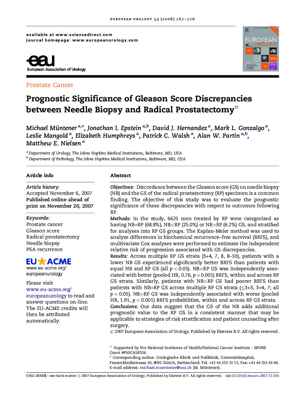 Prognostic Significance of Gleason Score Discrepancies between Needle Biopsy and Radical Prostatectomy 