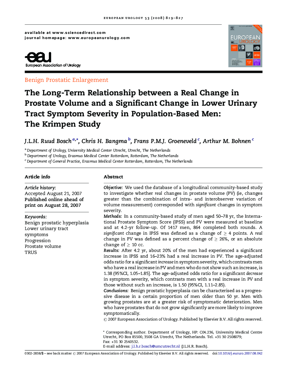 The Long-Term Relationship between a Real Change in Prostate Volume and a Significant Change in Lower Urinary Tract Symptom Severity in Population-Based Men: The Krimpen Study
