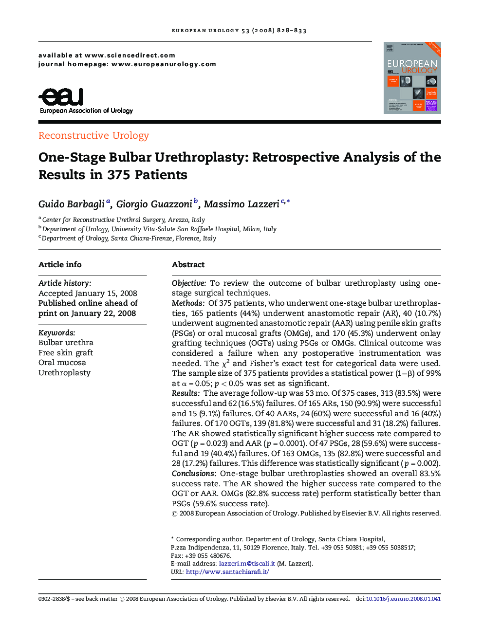 One-Stage Bulbar Urethroplasty: Retrospective Analysis of the Results in 375 Patients