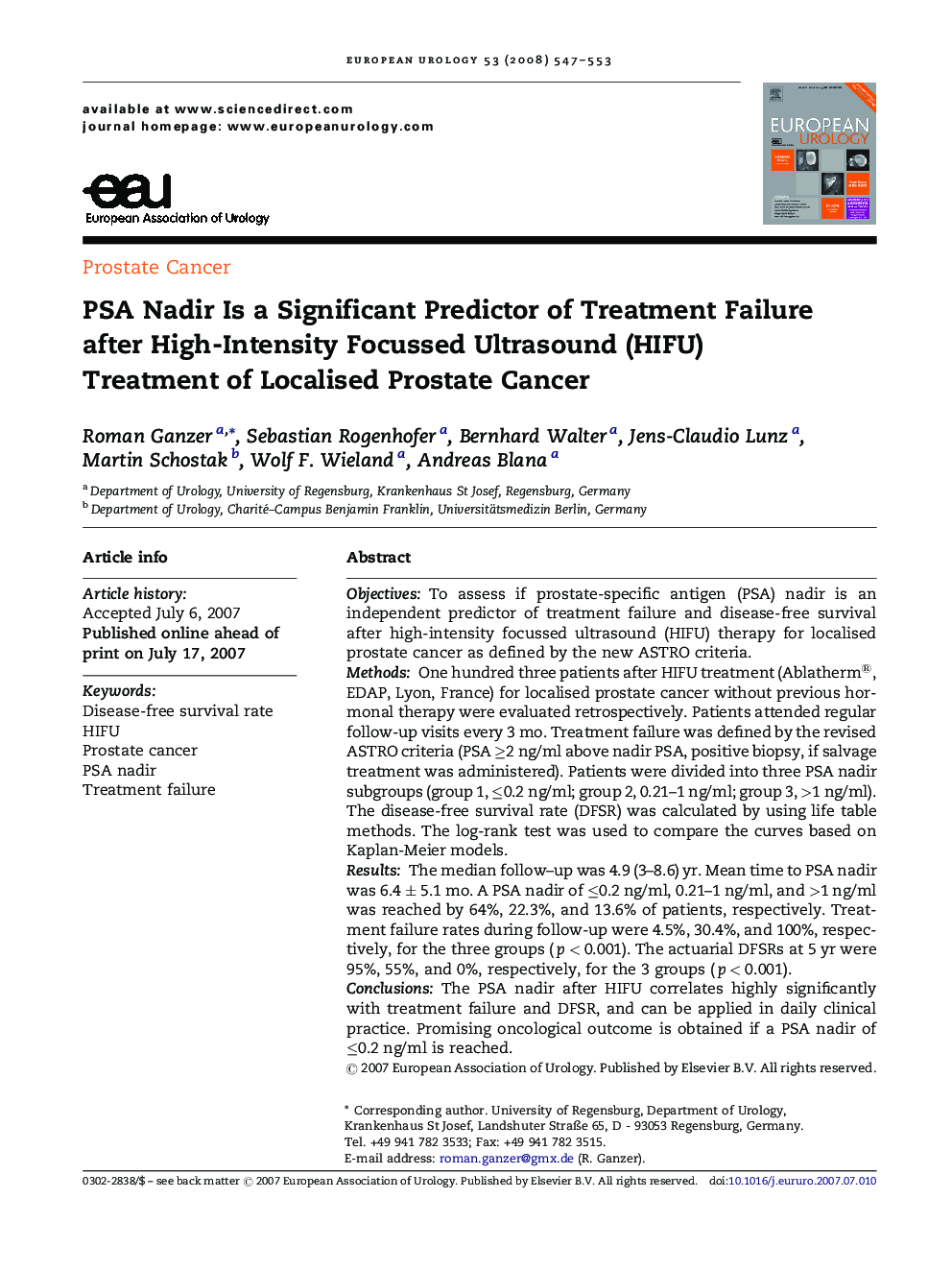 PSA Nadir Is a Significant Predictor of Treatment Failure after High-Intensity Focussed Ultrasound (HIFU) Treatment of Localised Prostate Cancer