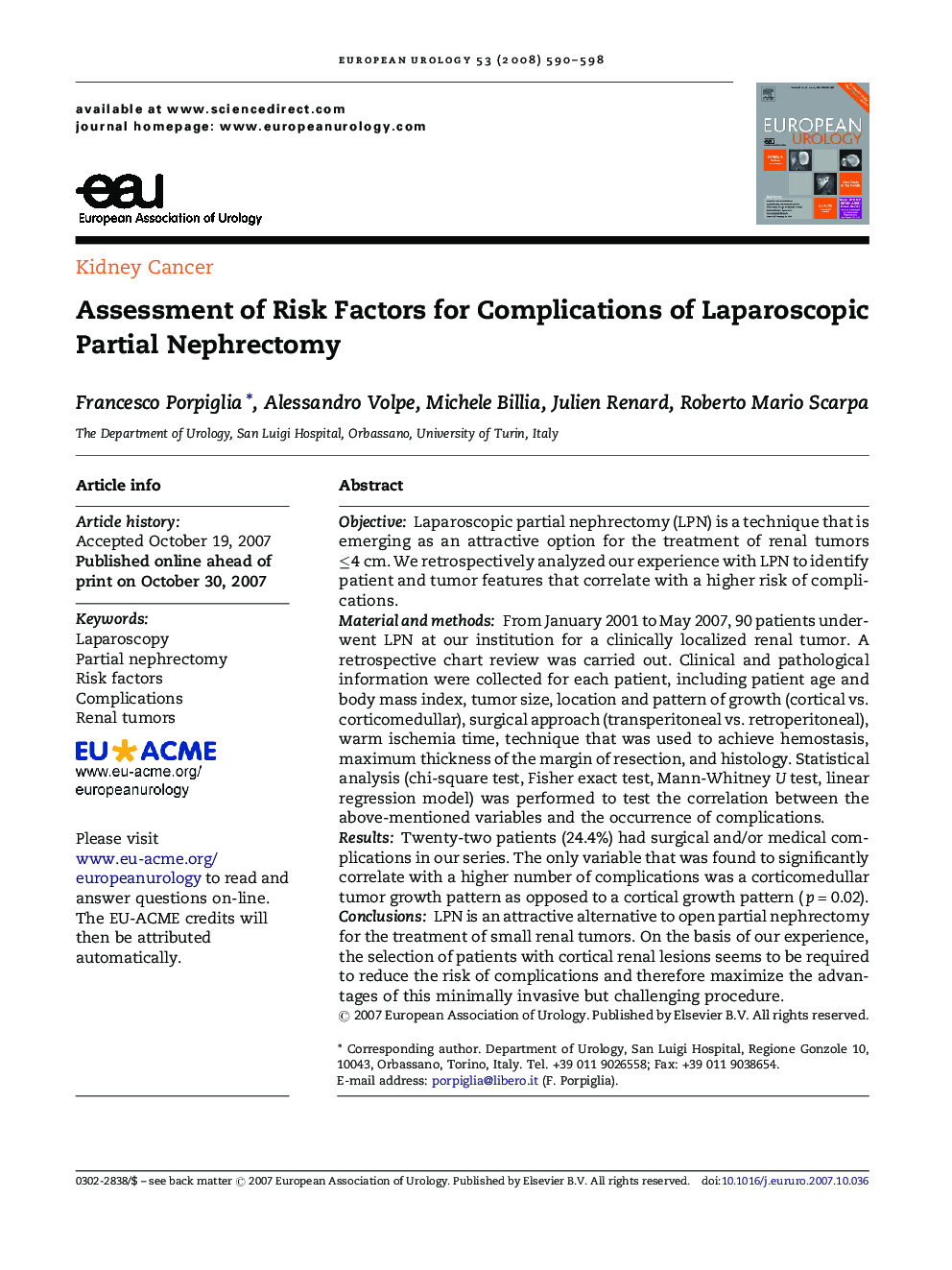 Assessment of Risk Factors for Complications of Laparoscopic Partial Nephrectomy 