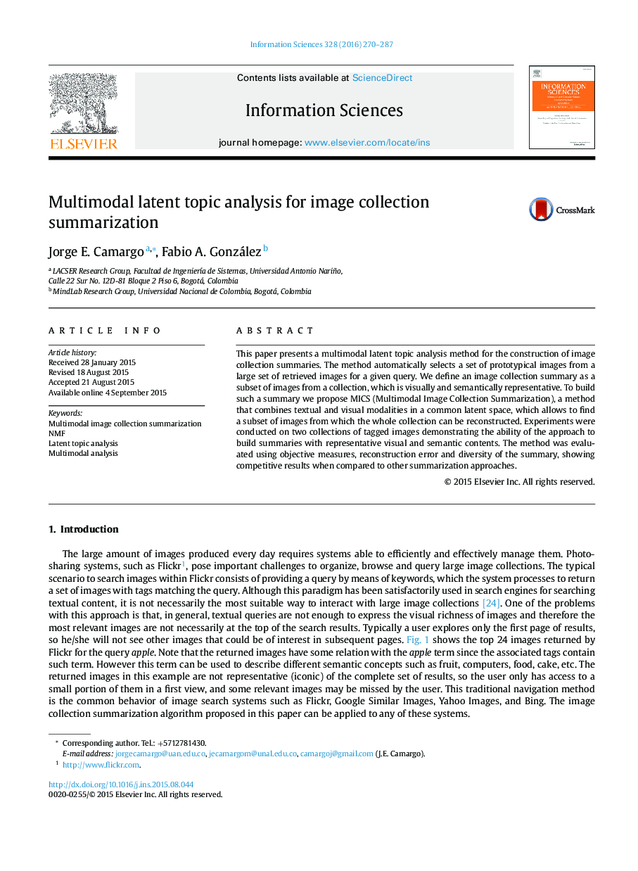 Multimodal latent topic analysis for image collection summarization