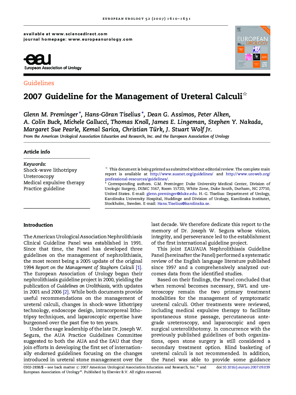 2007 Guideline for the Management of Ureteral Calculi