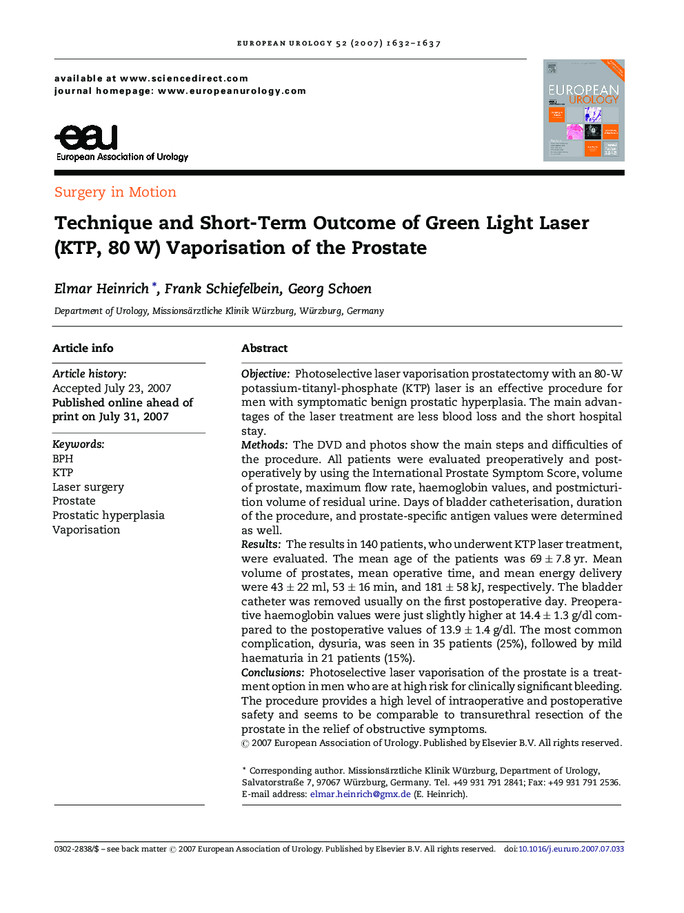 Technique and Short-Term Outcome of Green Light Laser (KTP, 80 W) Vaporisation of the Prostate