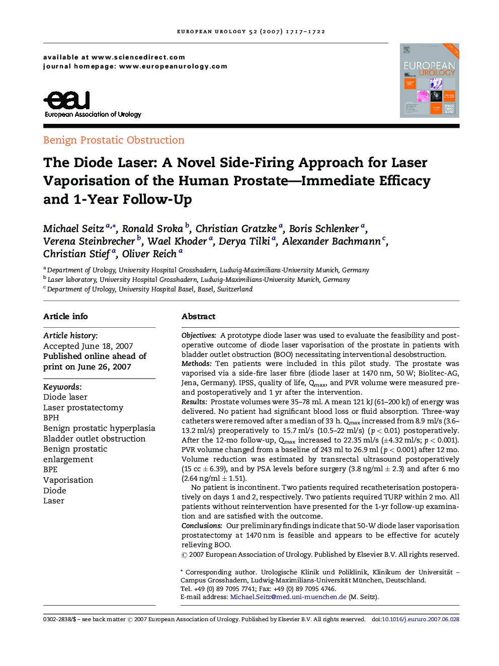 The Diode Laser: A Novel Side-Firing Approach for Laser Vaporisation of the Human Prostate—Immediate Efficacy and 1-Year Follow-Up