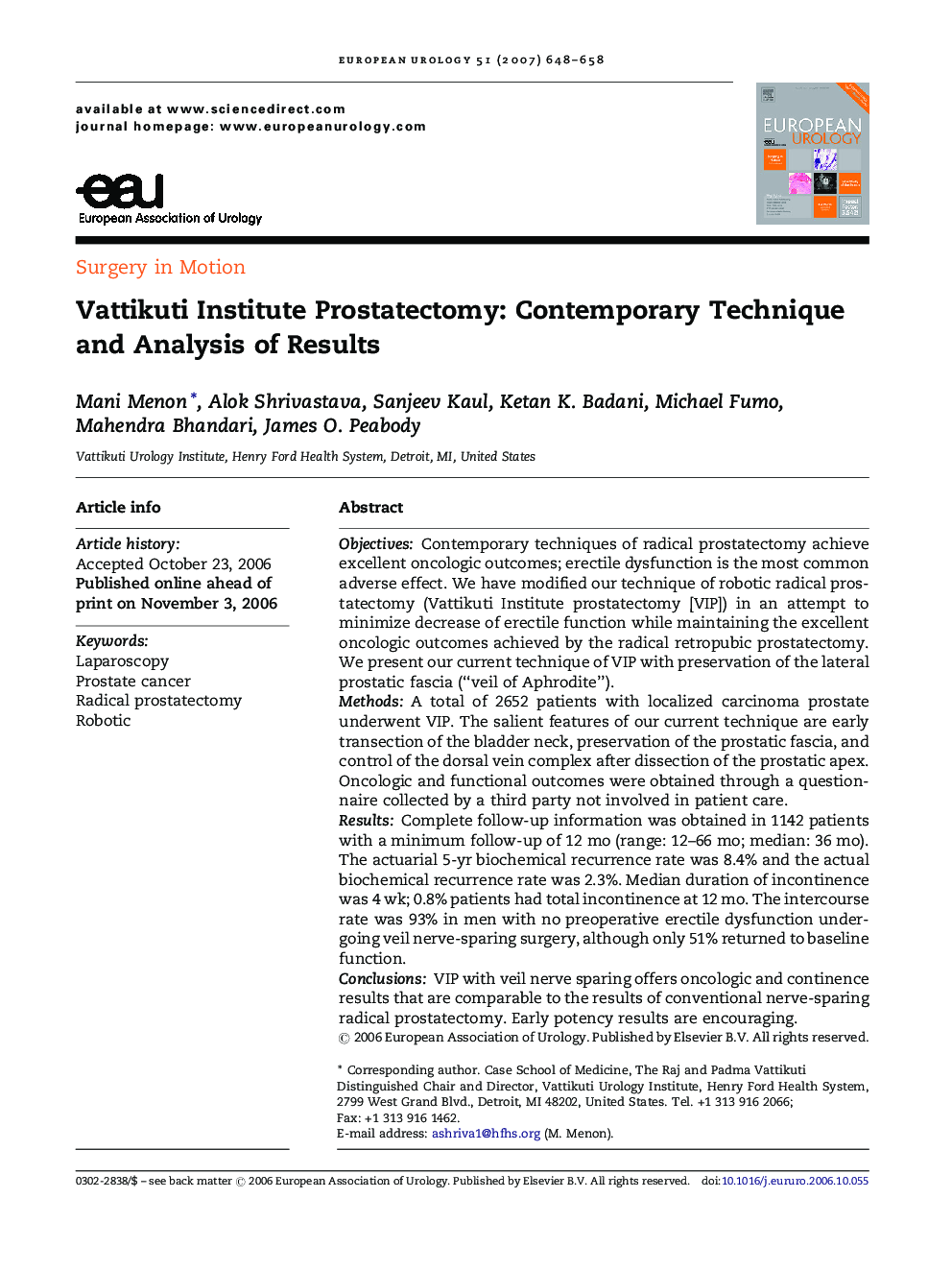 Vattikuti Institute Prostatectomy: Contemporary Technique and Analysis of Results