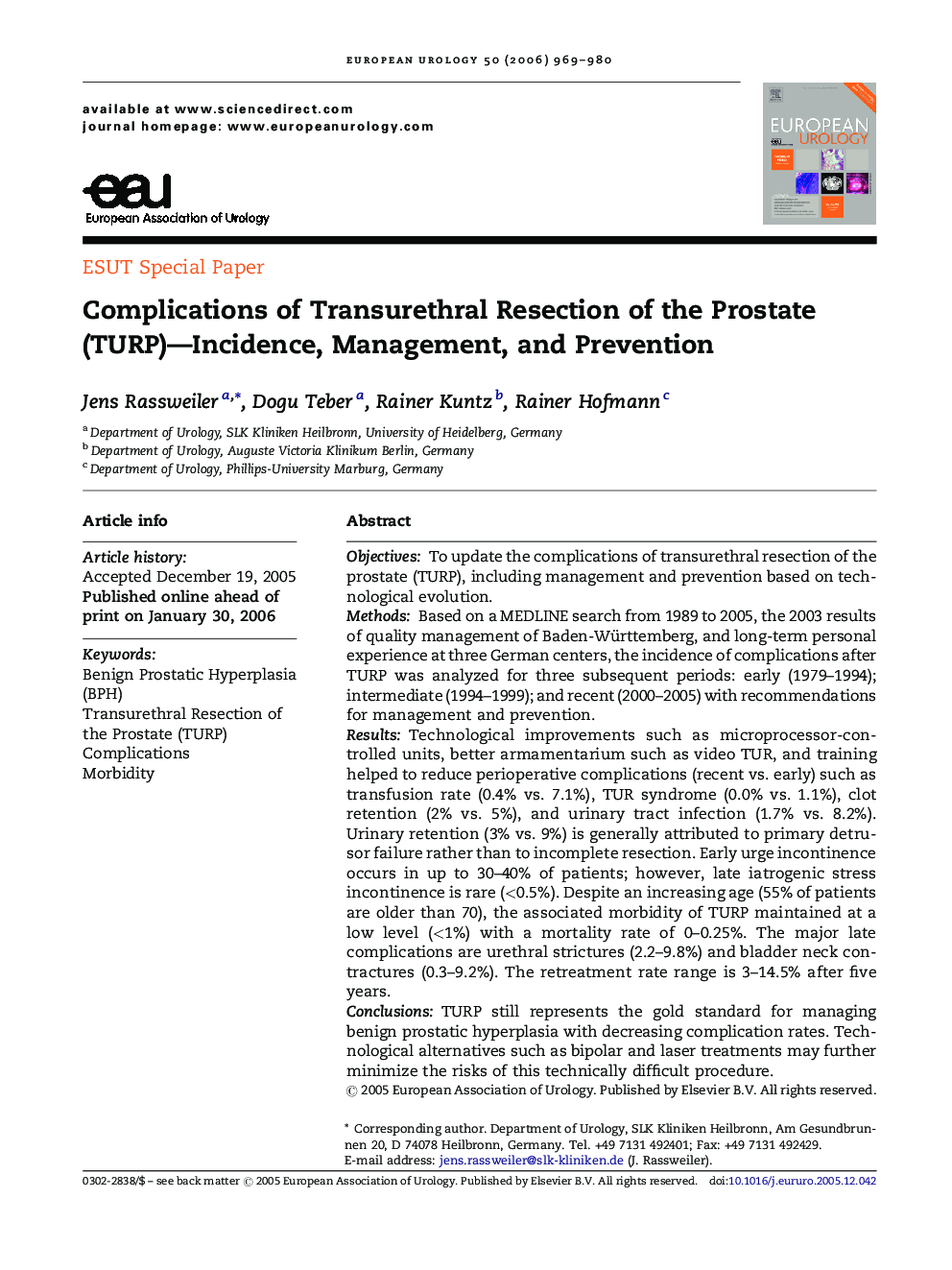 Complications of Transurethral Resection of the Prostate (TURP)—Incidence, Management, and Prevention
