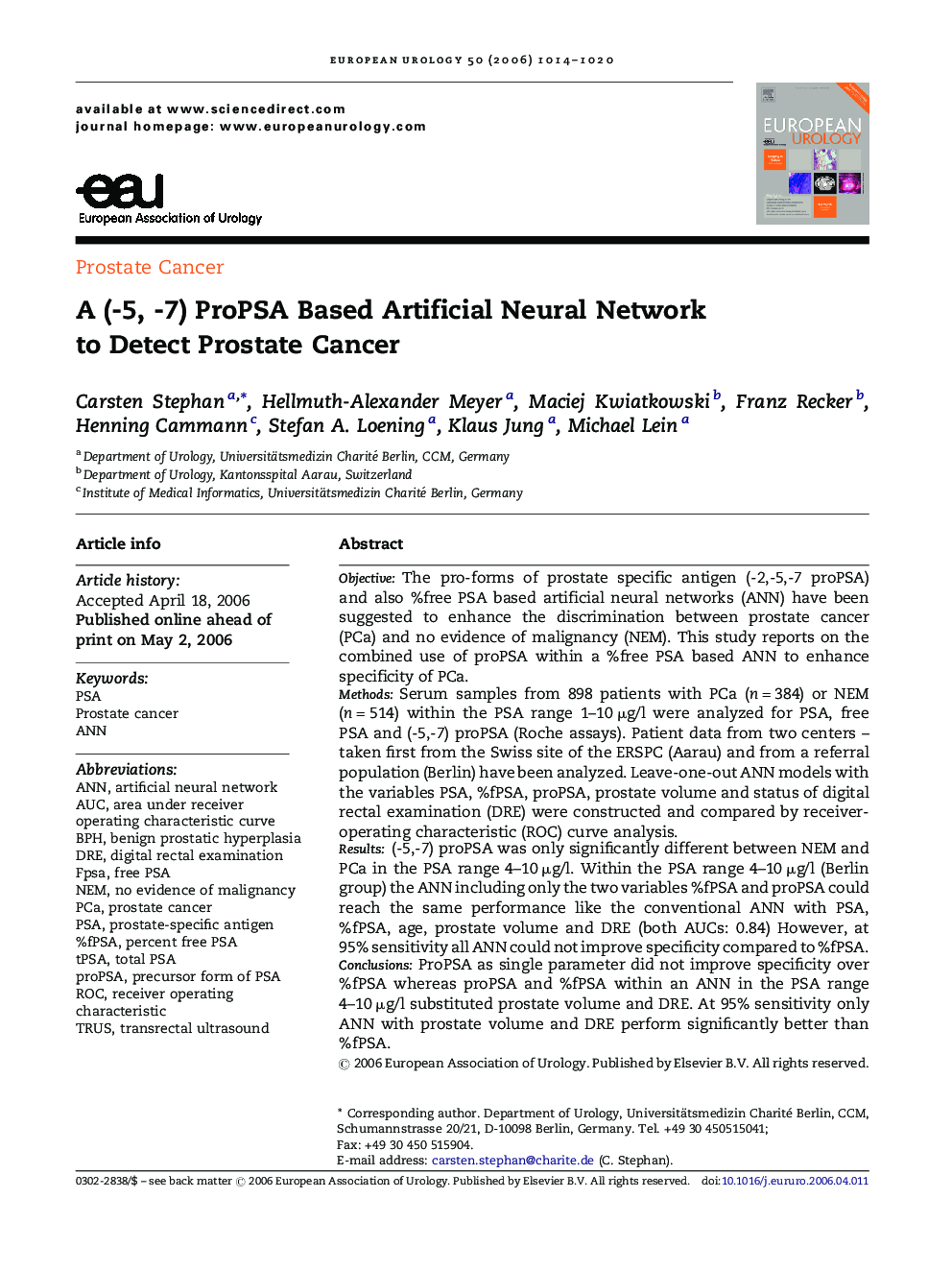 A (-5, -7) ProPSA Based Artificial Neural Network to Detect Prostate Cancer