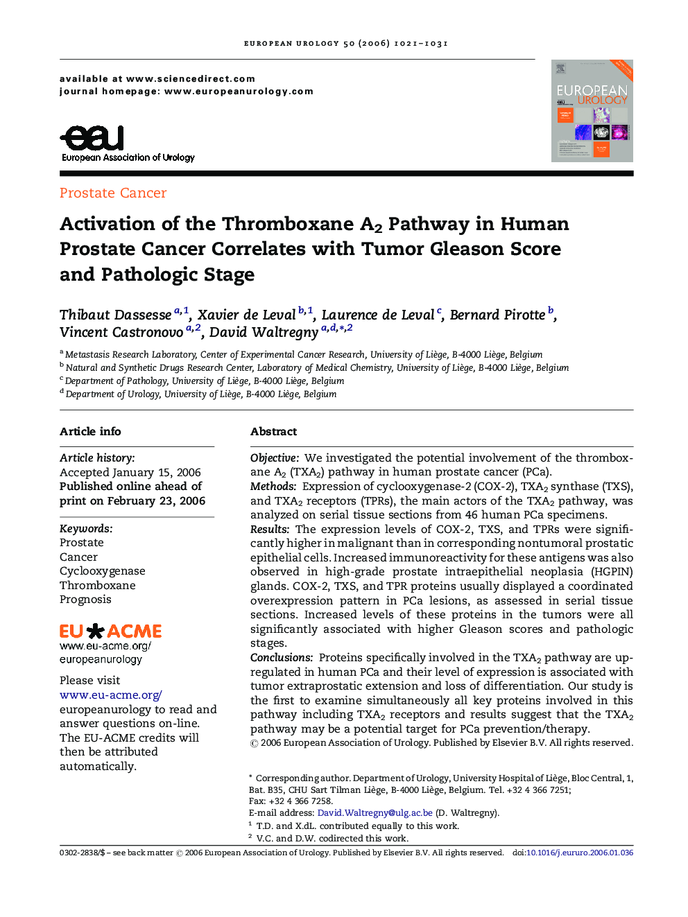 Activation of the Thromboxane A2 Pathway in Human Prostate Cancer Correlates with Tumor Gleason Score and Pathologic Stage 