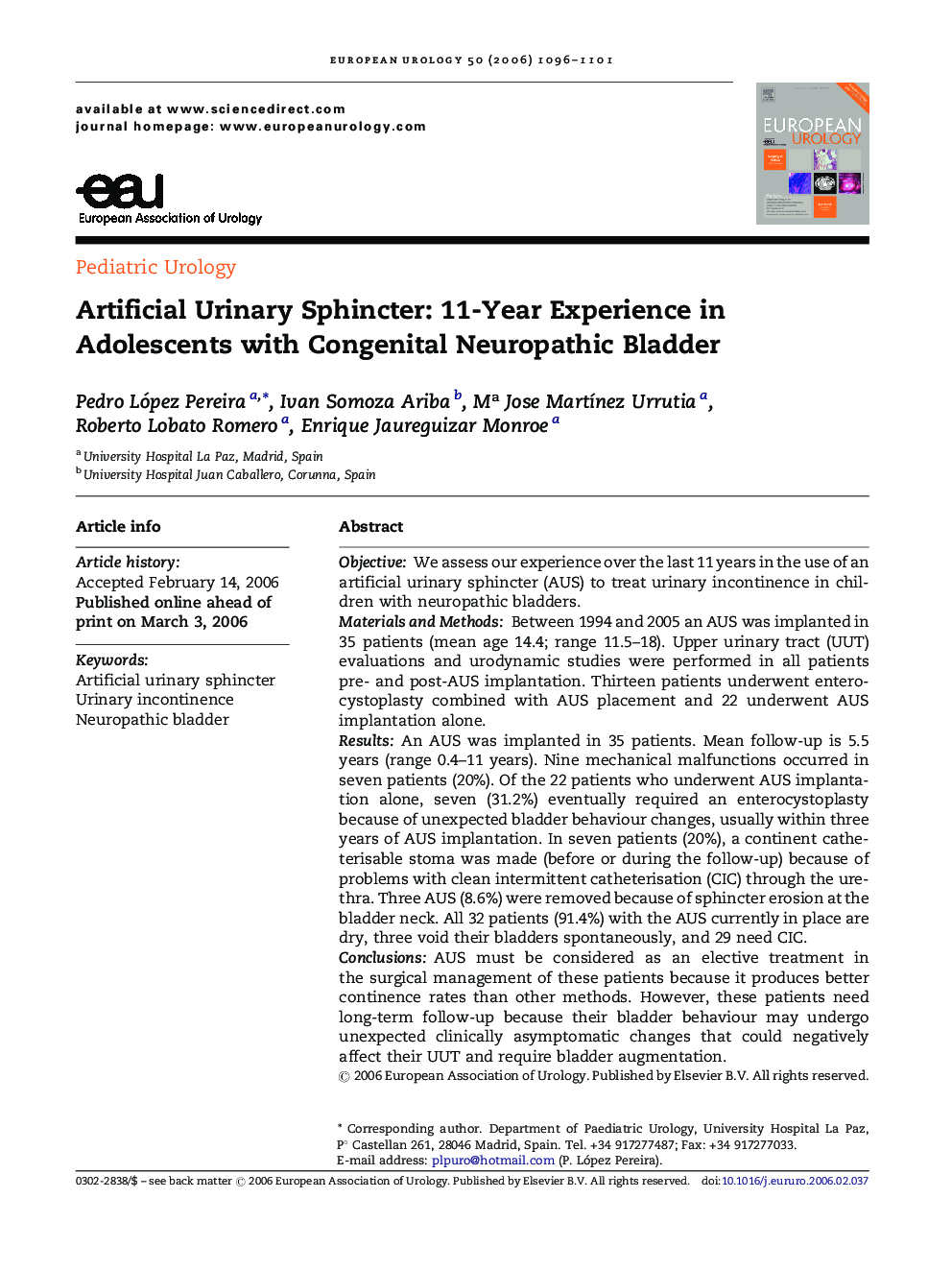 Artificial Urinary Sphincter: 11-Year Experience in Adolescents with Congenital Neuropathic Bladder