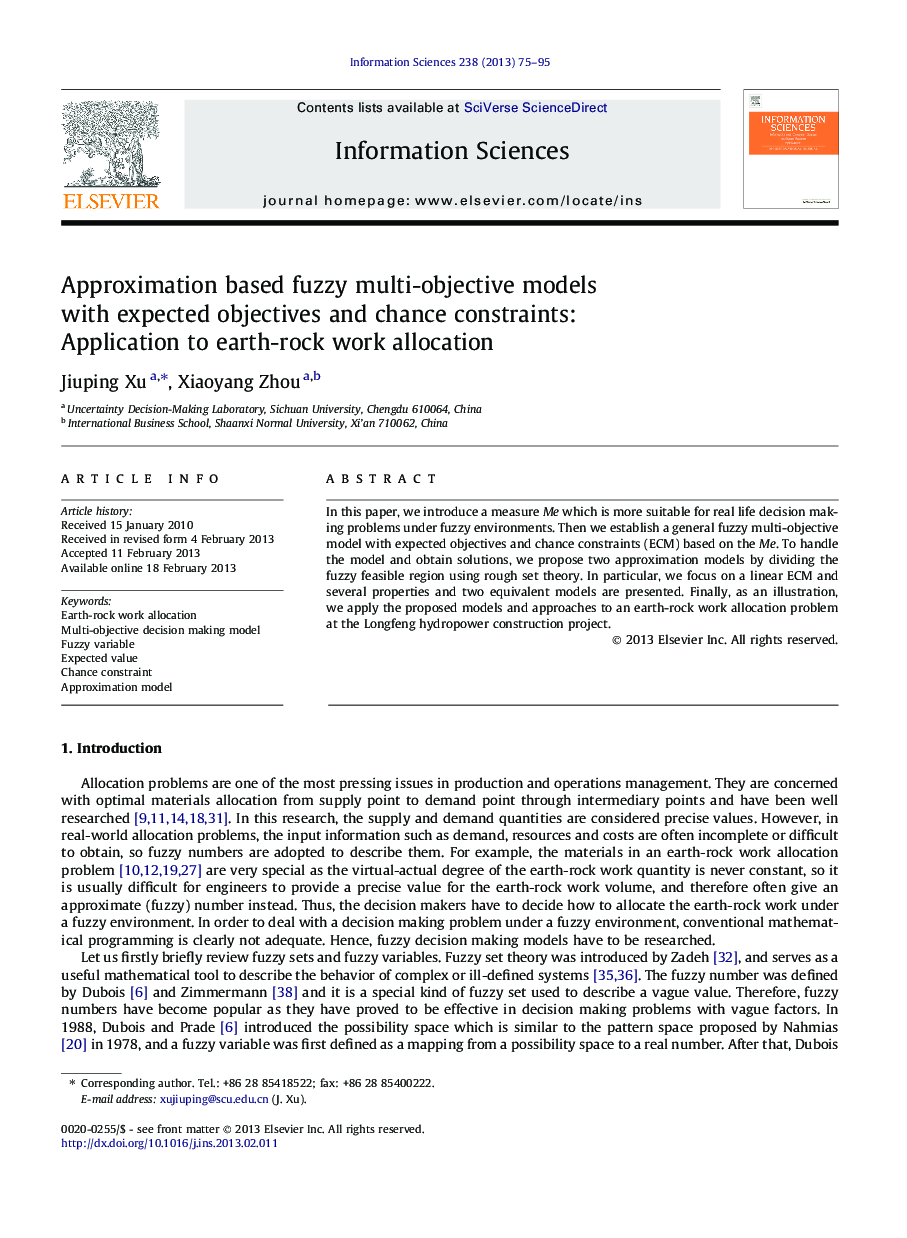 Approximation based fuzzy multi-objective models with expected objectives and chance constraints: Application to earth-rock work allocation