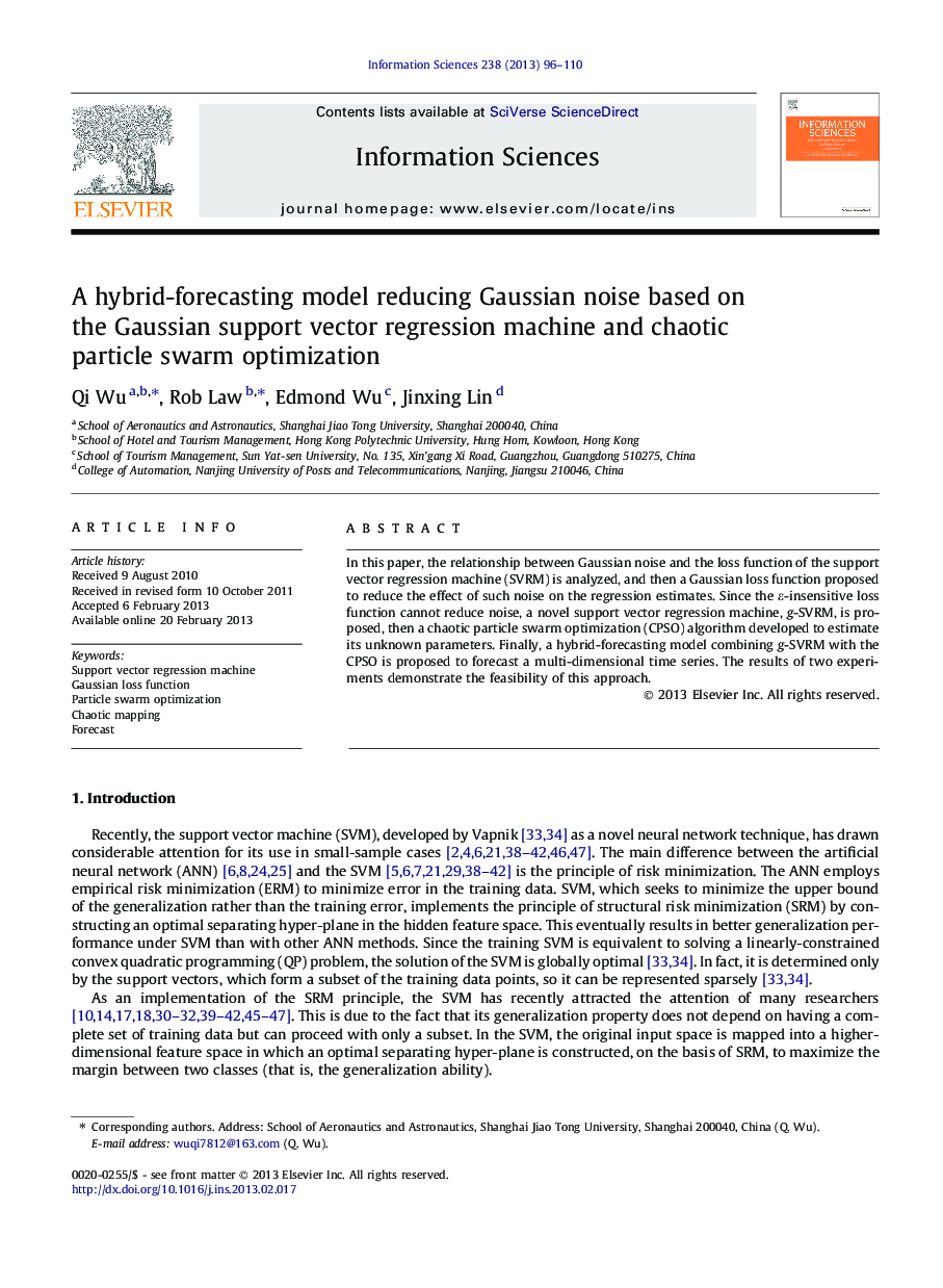 A hybrid-forecasting model reducing Gaussian noise based on the Gaussian support vector regression machine and chaotic particle swarm optimization