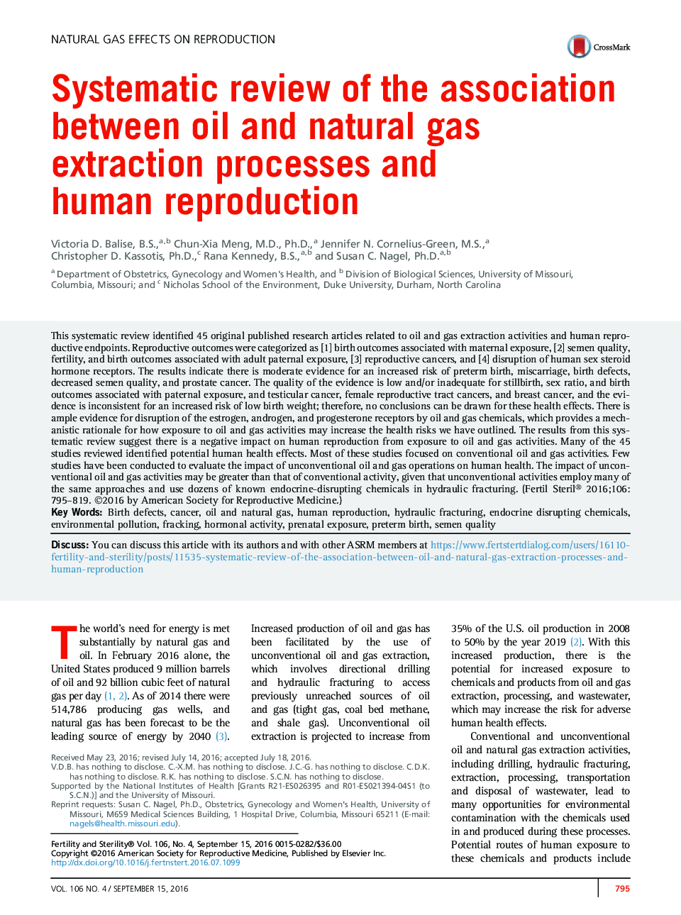 Systematic review of the association between oil and natural gas extraction processes and human reproduction 