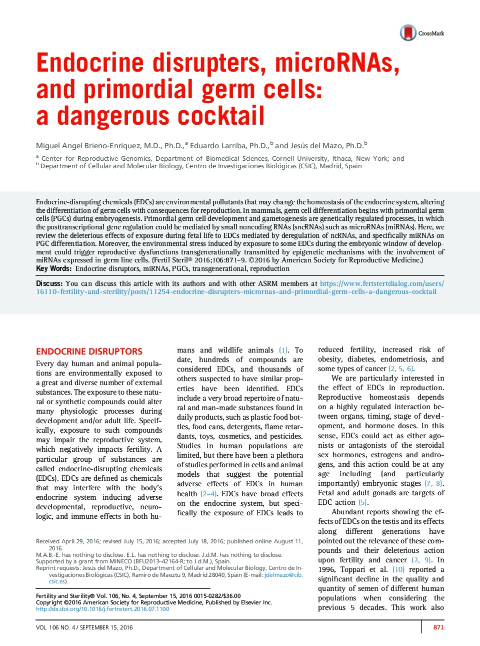 Endocrine disrupters, microRNAs, and primordial germ cells: a dangerous cocktail 