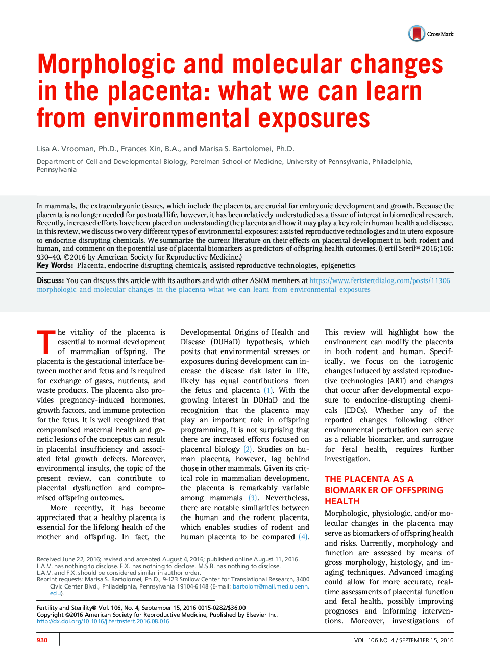 Morphologic and molecular changes in the placenta: what we can learn from environmental exposures 
