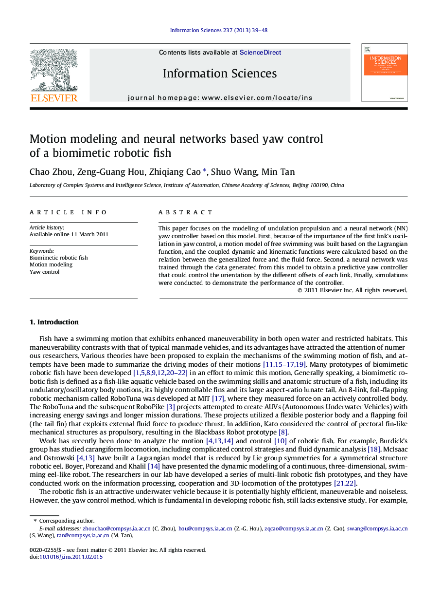 Motion modeling and neural networks based yaw control of a biomimetic robotic fish