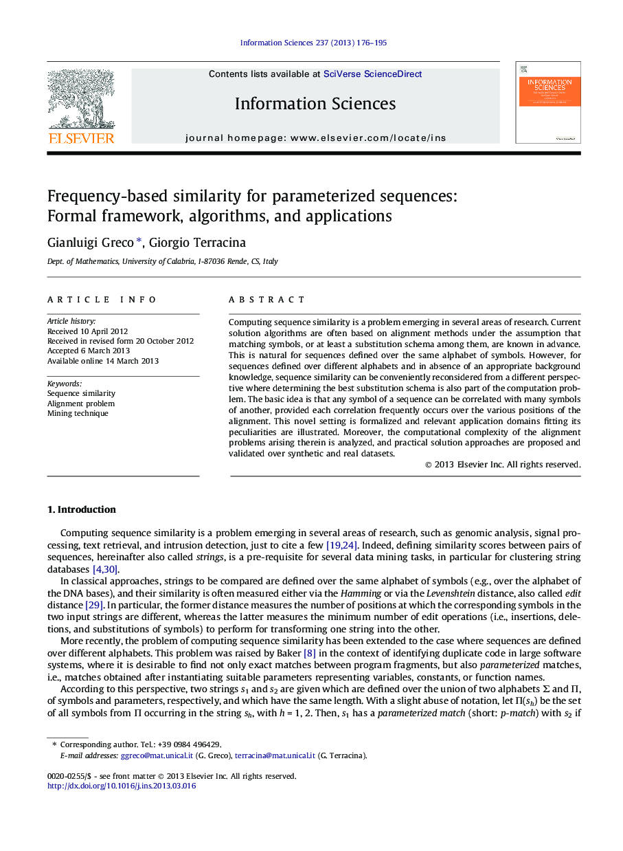 Frequency-based similarity for parameterized sequences: Formal framework, algorithms, and applications