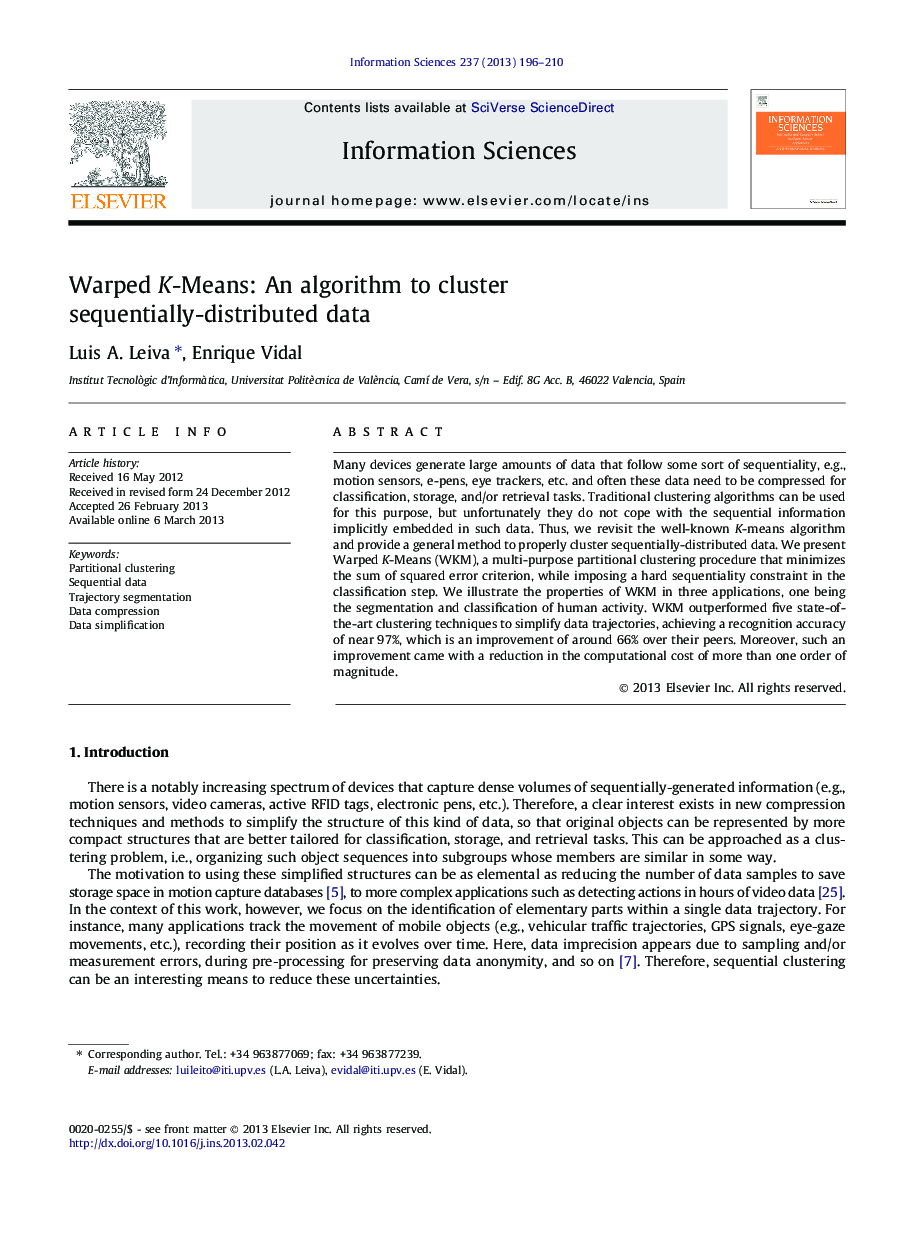 Warped K-Means: An algorithm to cluster sequentially-distributed data