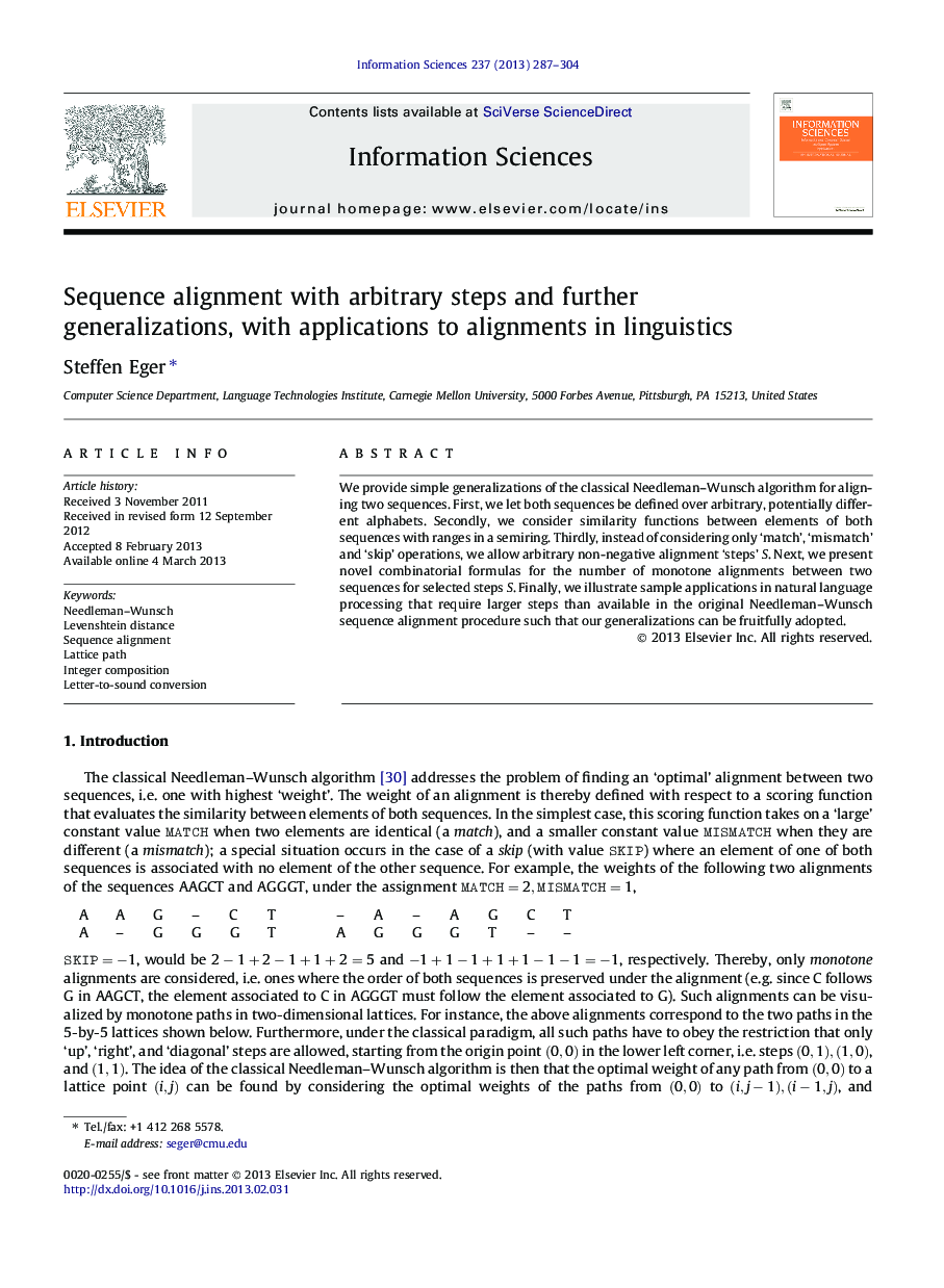 Sequence alignment with arbitrary steps and further generalizations, with applications to alignments in linguistics