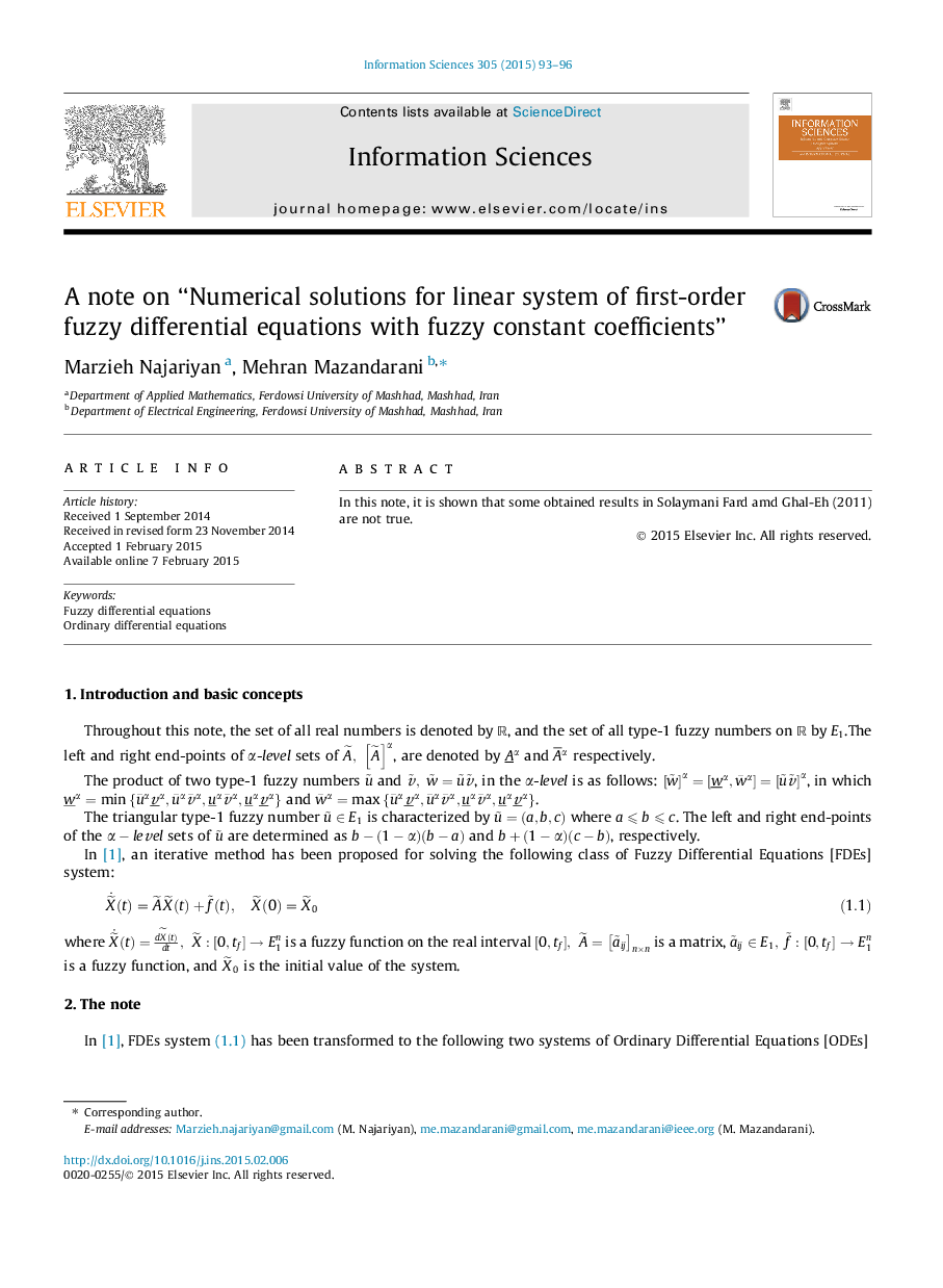 یک یادداشت در یک راه حل عددی برای سیستم خطی معادلات دیفرانسیل فازی با ضریب ثابت فازی؟ 