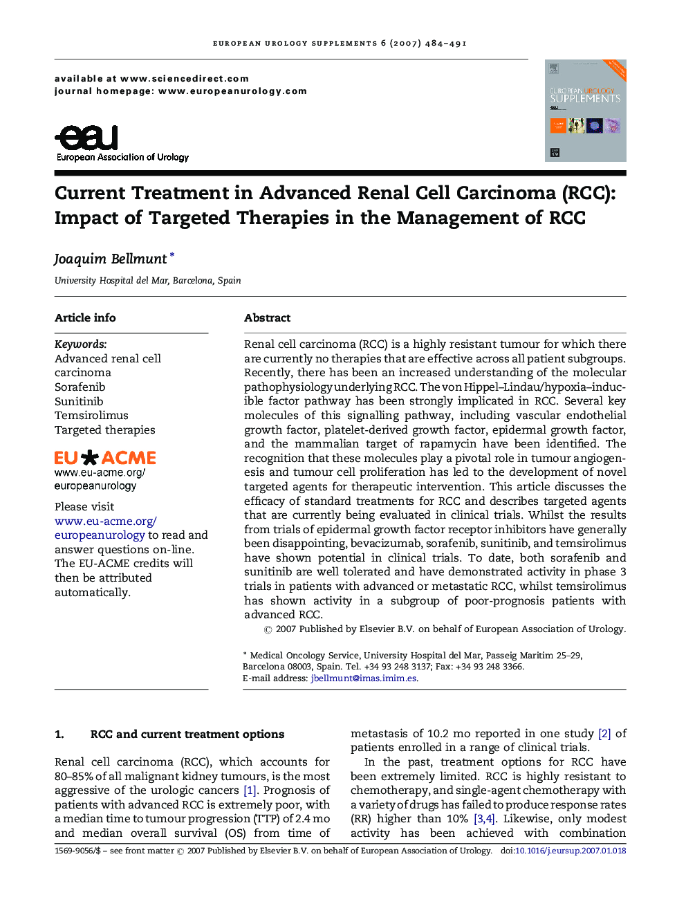 Current Treatment in Advanced Renal Cell Carcinoma (RCC): Impact of Targeted Therapies in the Management of RCC 