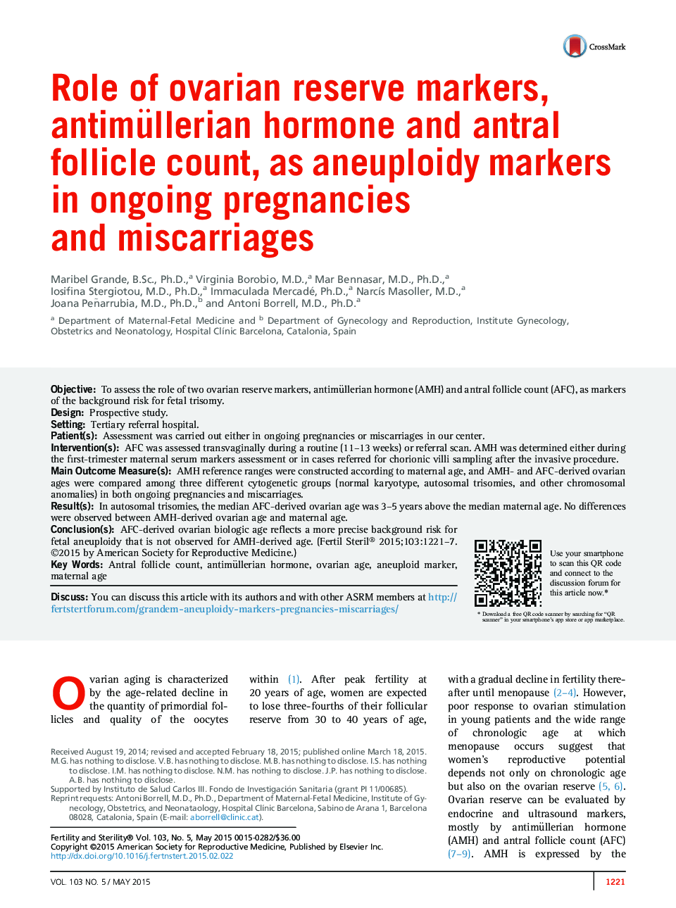 Role of ovarian reserve markers, antimüllerian hormone and antral follicle count, as aneuploidy markers in ongoing pregnancies and miscarriages