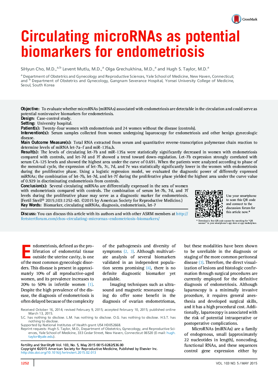 Circulating microRNAs as potential biomarkers for endometriosis