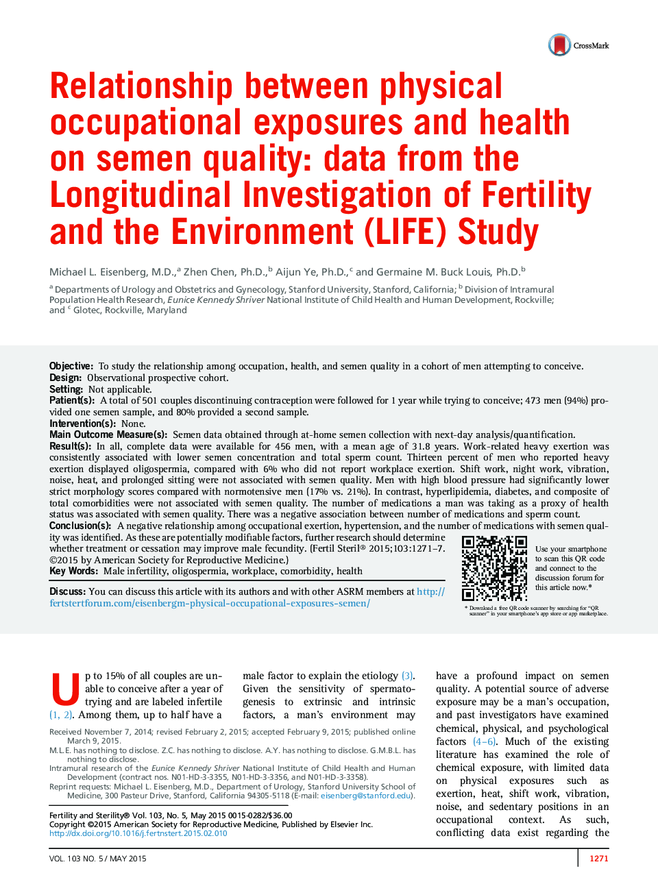 Relationship between physical occupational exposures and health on semen quality: data from the Longitudinal Investigation of Fertility and the Environment (LIFE) Study 