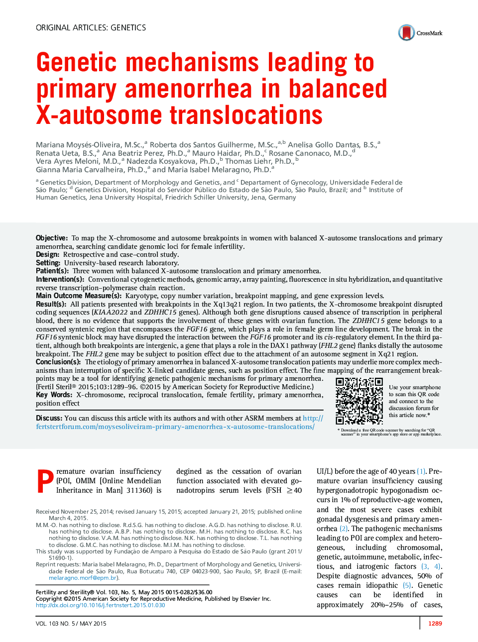 Genetic mechanisms leading to primary amenorrhea in balanced X-autosome translocations