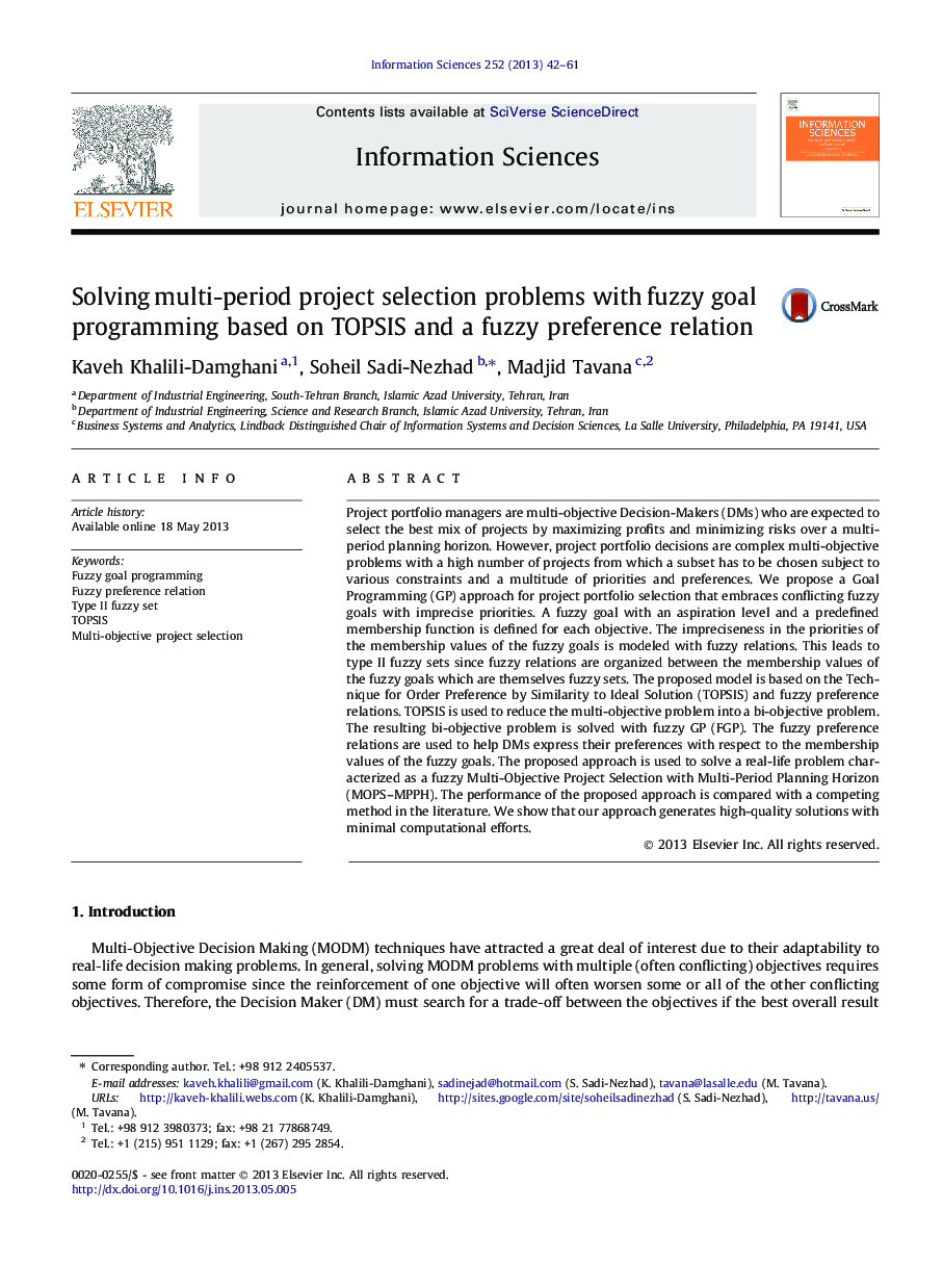 Solving multi-period project selection problems with fuzzy goal programming based on TOPSIS and a fuzzy preference relation