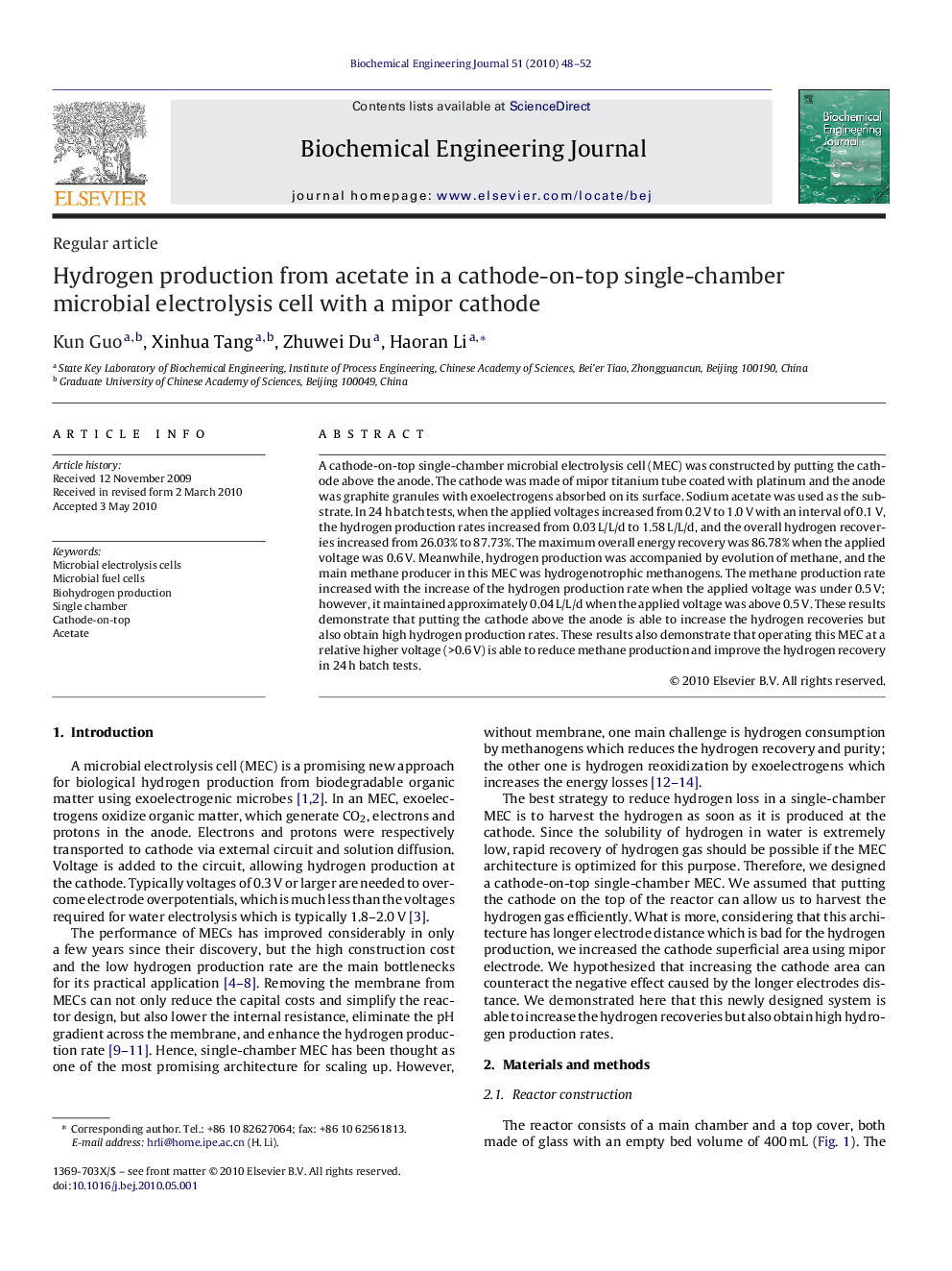 Hydrogen production from acetate in a cathode-on-top single-chamber microbial electrolysis cell with a mipor cathode