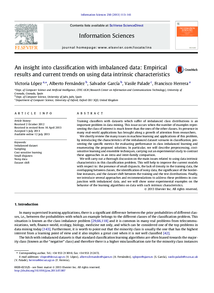 An insight into classification with imbalanced data: Empirical results and current trends on using data intrinsic characteristics