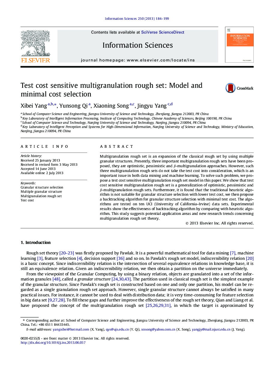 Test cost sensitive multigranulation rough set: Model and minimal cost selection