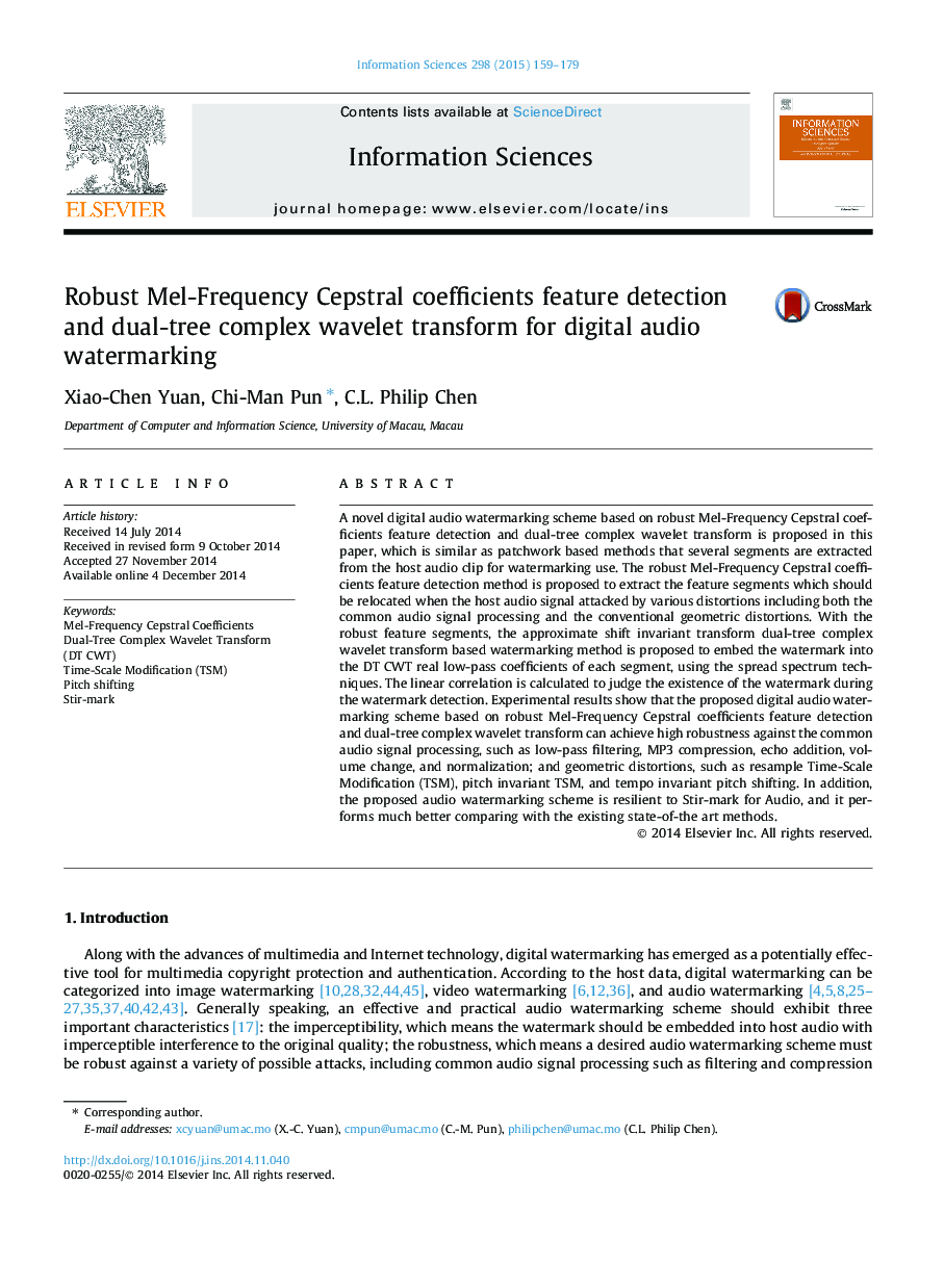 Robust Mel-Frequency Cepstral coefficients feature detection and dual-tree complex wavelet transform for digital audio watermarking