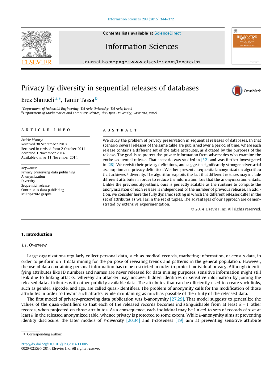 Privacy by diversity in sequential releases of databases