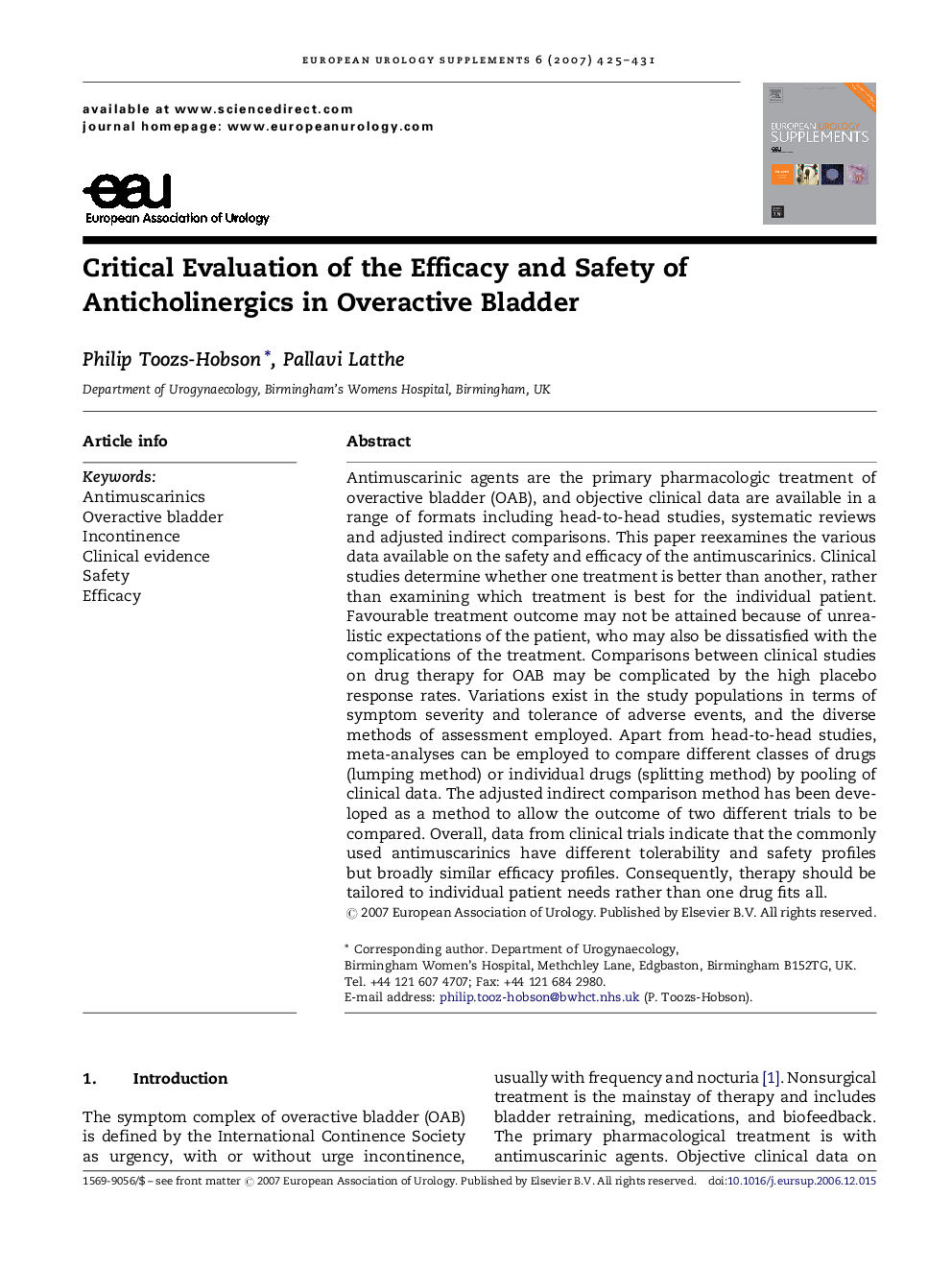 Critical Evaluation of the Efficacy and Safety of Anticholinergics in Overactive Bladder