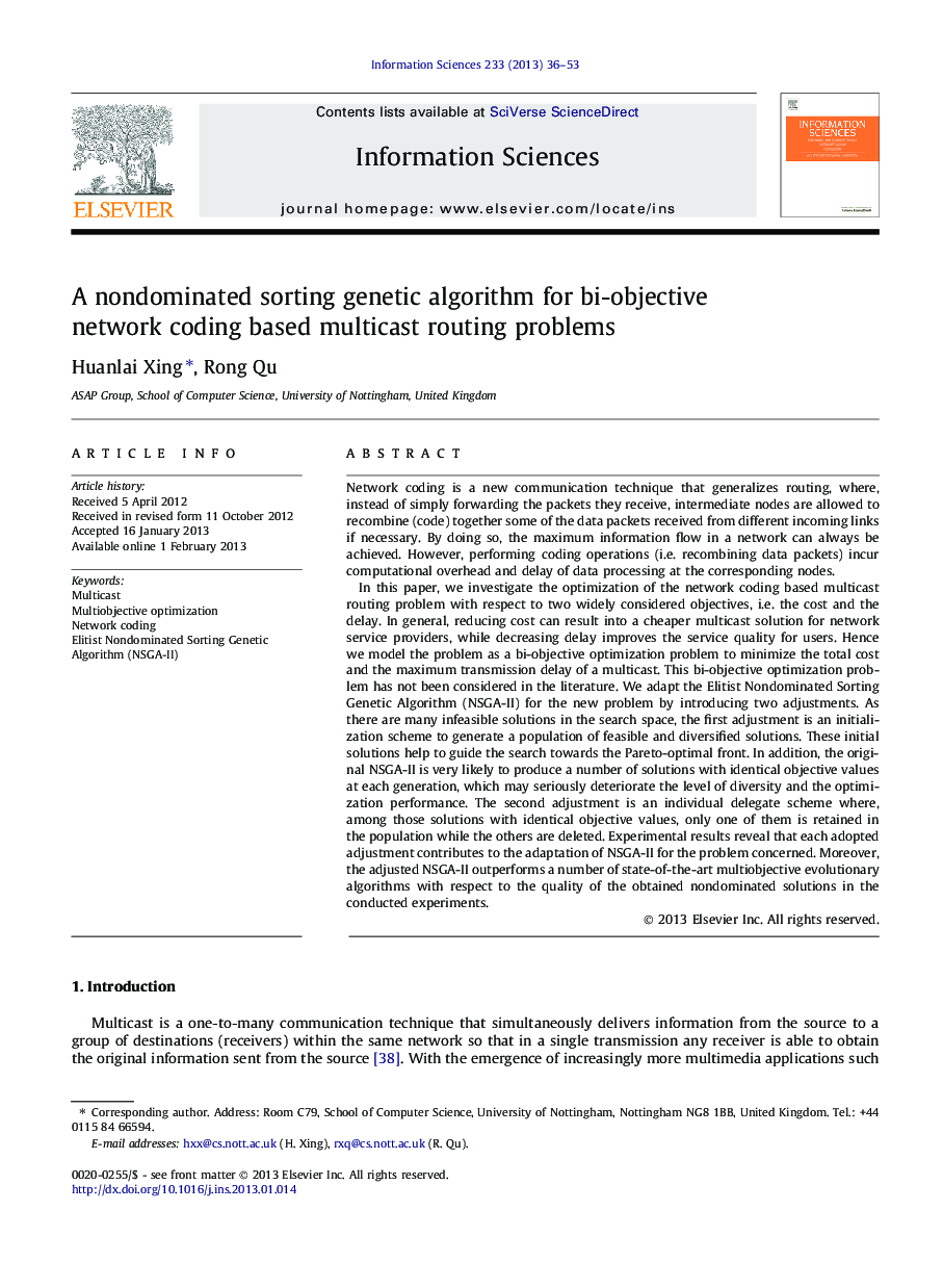 A nondominated sorting genetic algorithm for bi-objective network coding based multicast routing problems