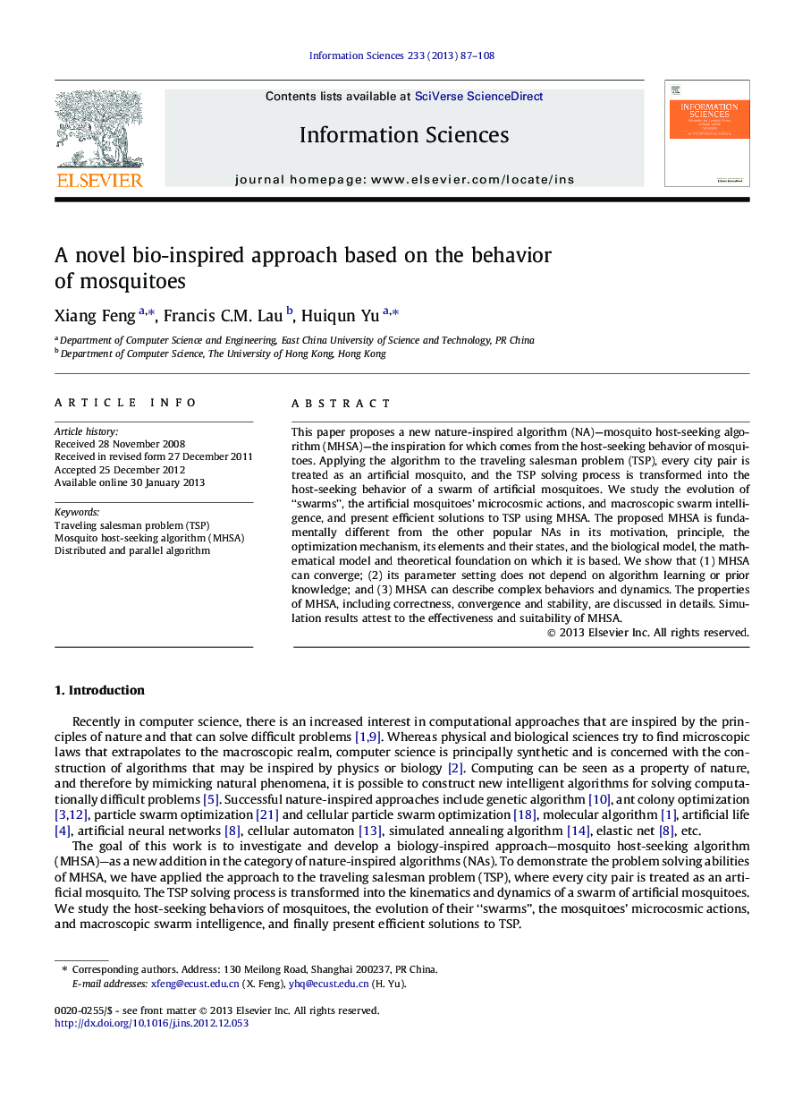 A novel bio-inspired approach based on the behavior of mosquitoes