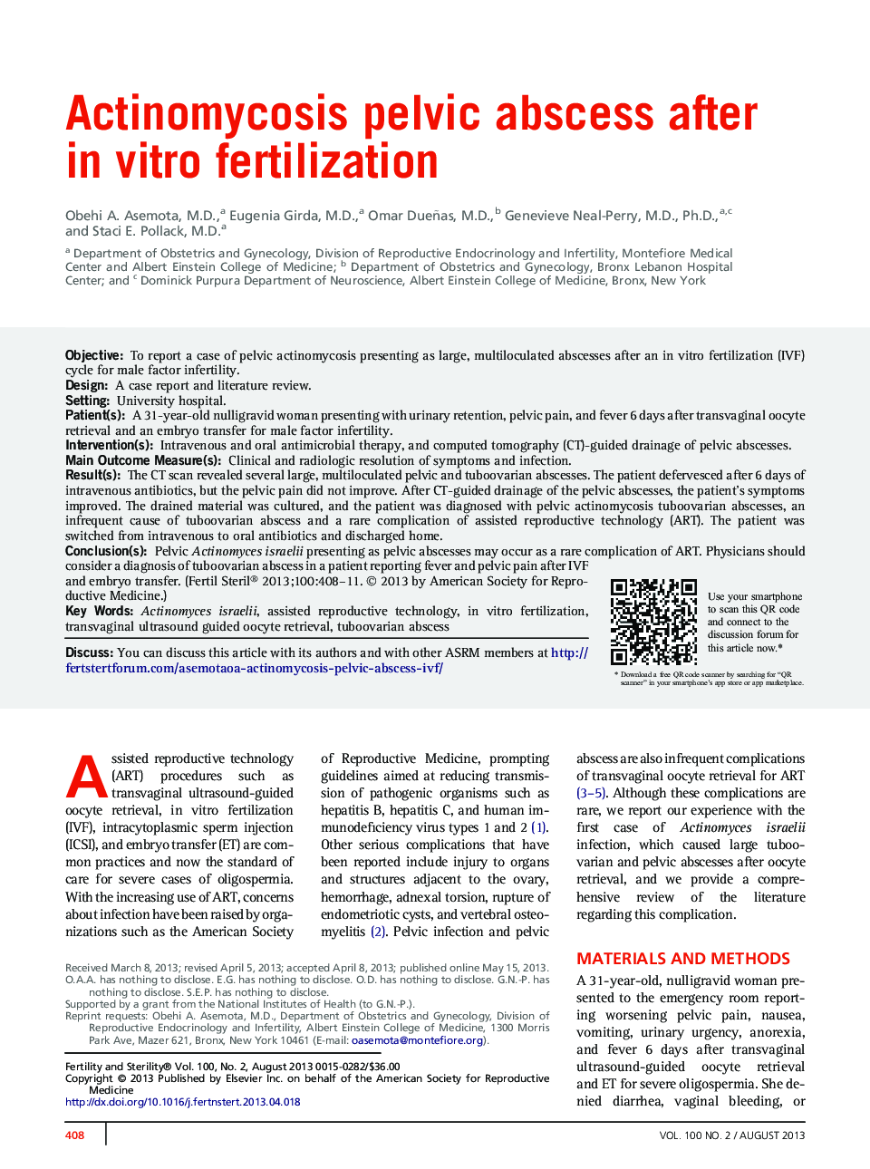 Actinomycosis pelvic abscess after in vitro fertilization 