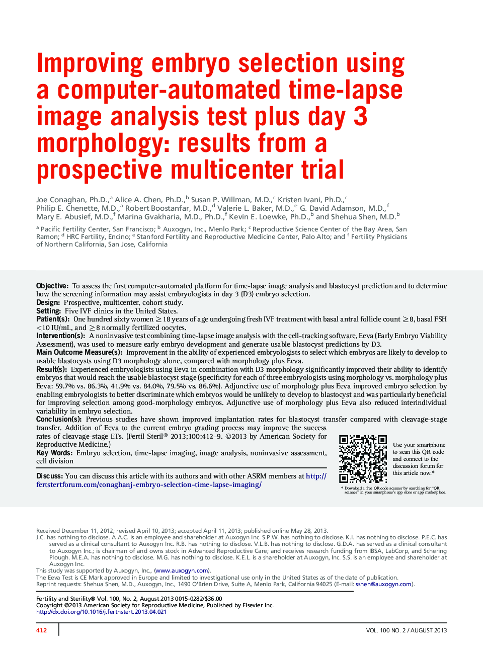 Improving embryo selection using a computer-automated time-lapse image analysis test plus day 3 morphology: results from a prospective multicenter trial