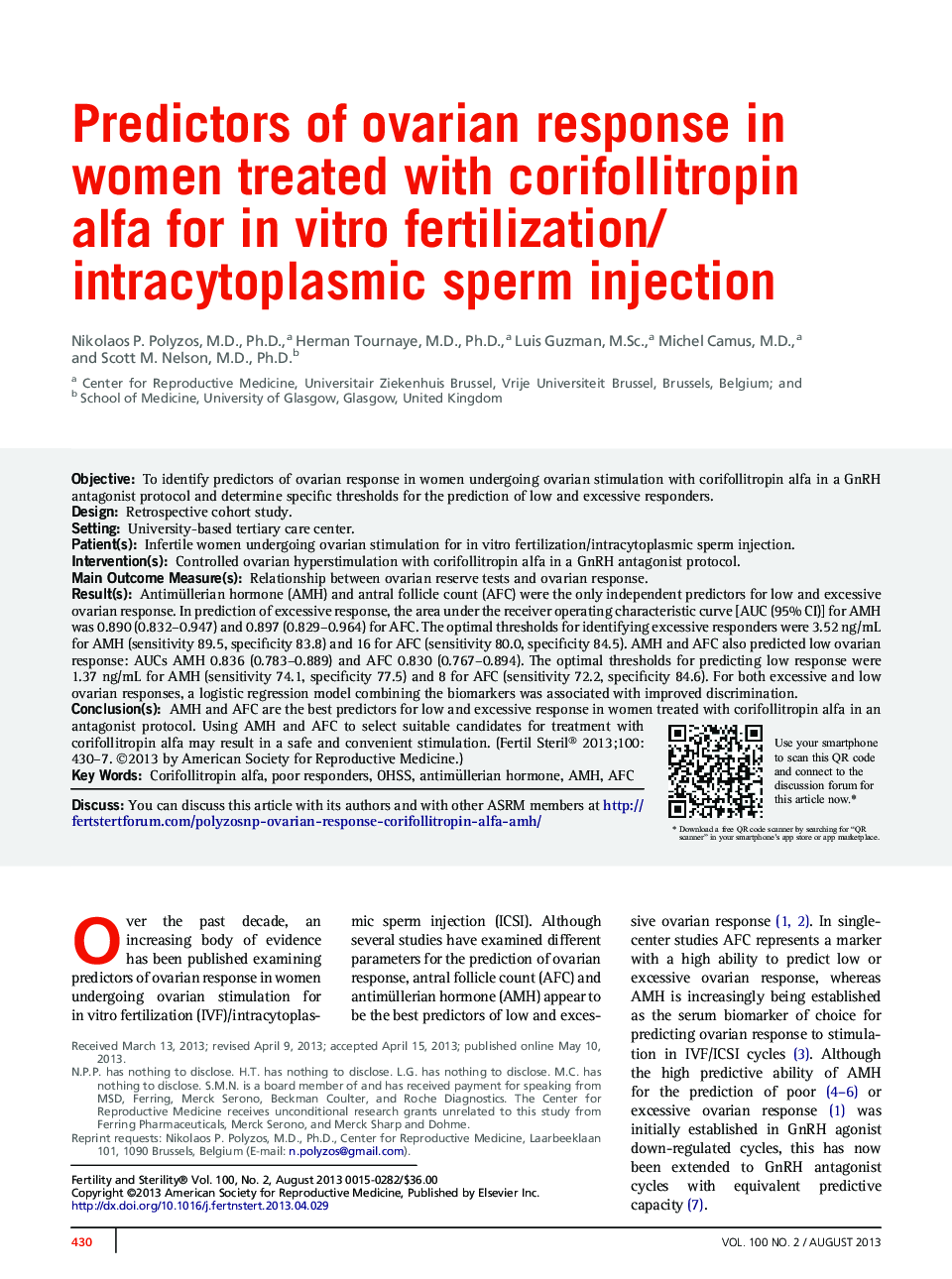 Predictors of ovarian response in women treated with corifollitropin alfa for in vitro fertilization/intracytoplasmic sperm injection 