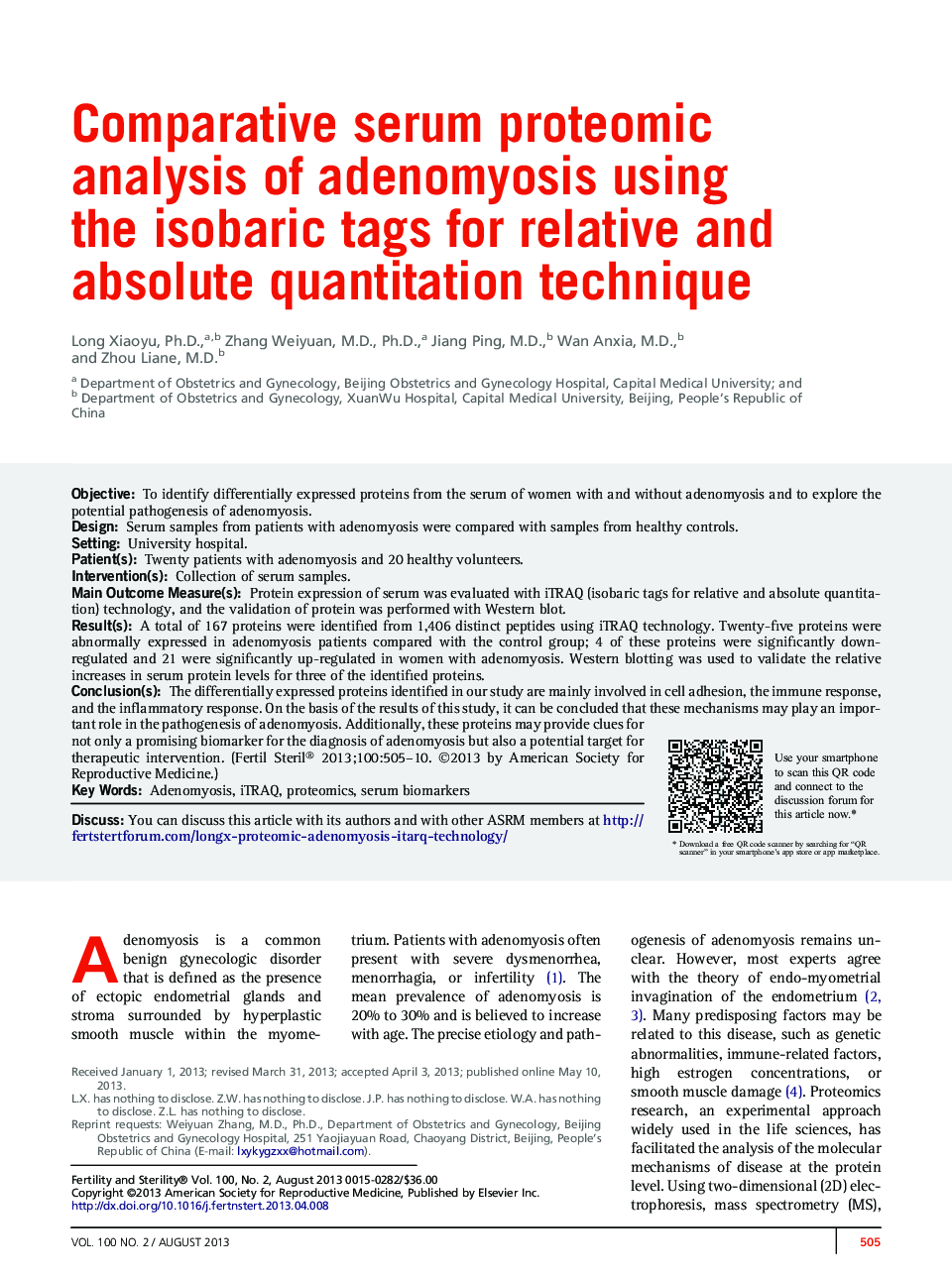 Comparative serum proteomic analysis of adenomyosis using the isobaric tags for relative and absolute quantitation technique 