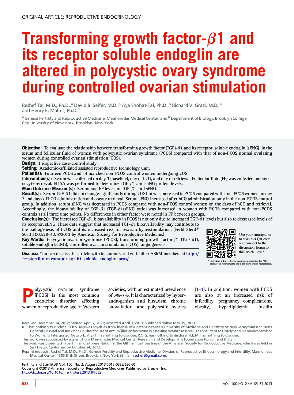 Transforming growth factor-β1 and its receptor soluble endoglin are altered in polycystic ovary syndrome during controlled ovarian stimulation 