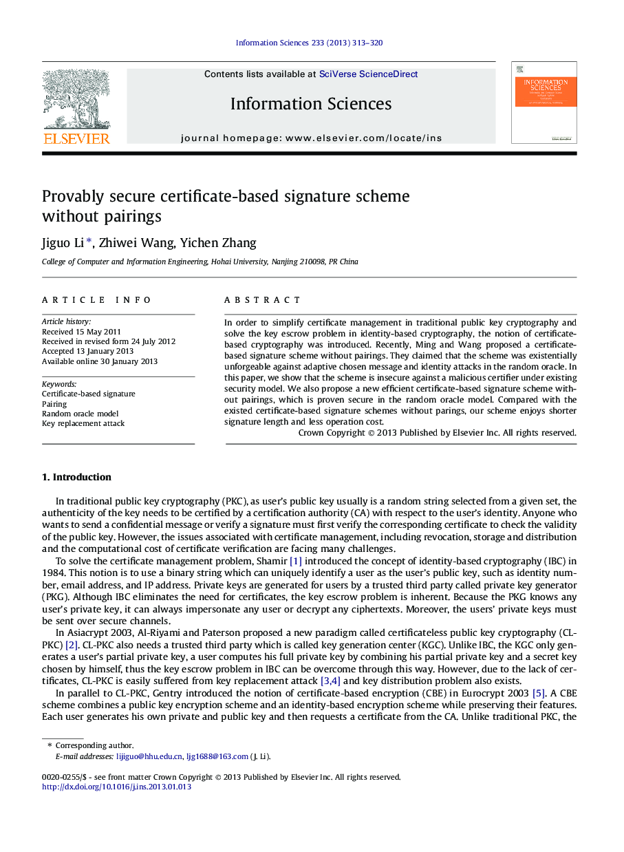 Provably secure certificate-based signature scheme without pairings