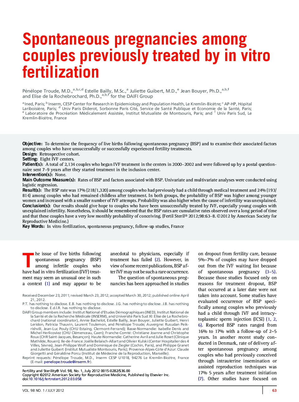 Spontaneous pregnancies among couples previously treated by in vitro fertilization 