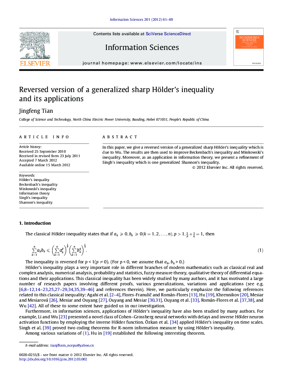 Reversed version of a generalized sharp Hölder’s inequality and its applications