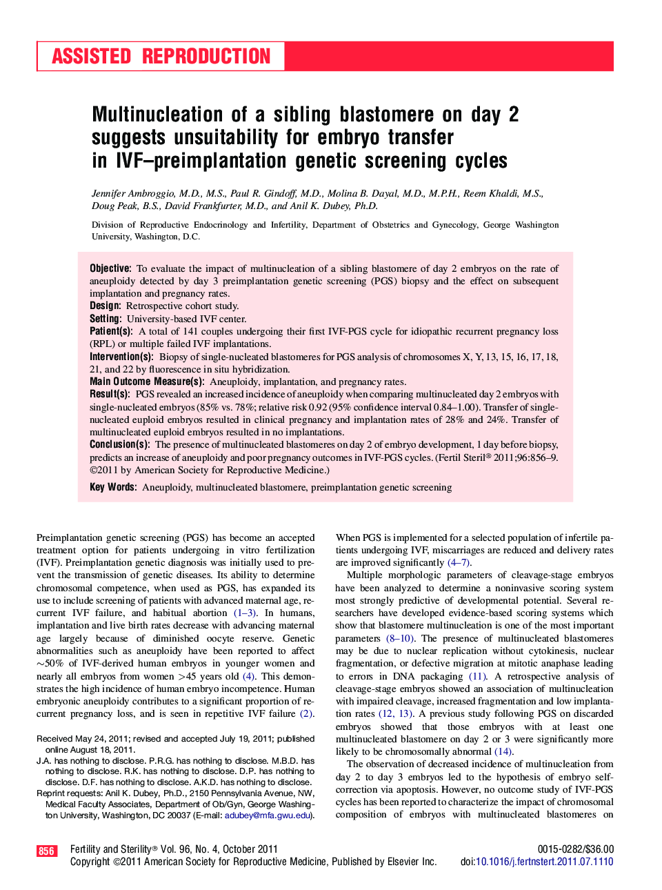Multinucleation of a sibling blastomere on day 2 suggests unsuitability for embryo transfer in IVF–preimplantation genetic screening cycles 