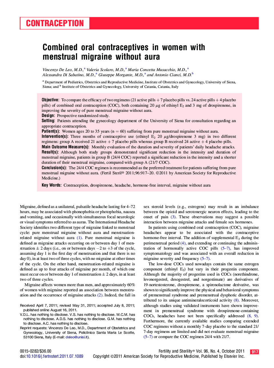 Combined oral contraceptives in women with menstrual migraine without aura 